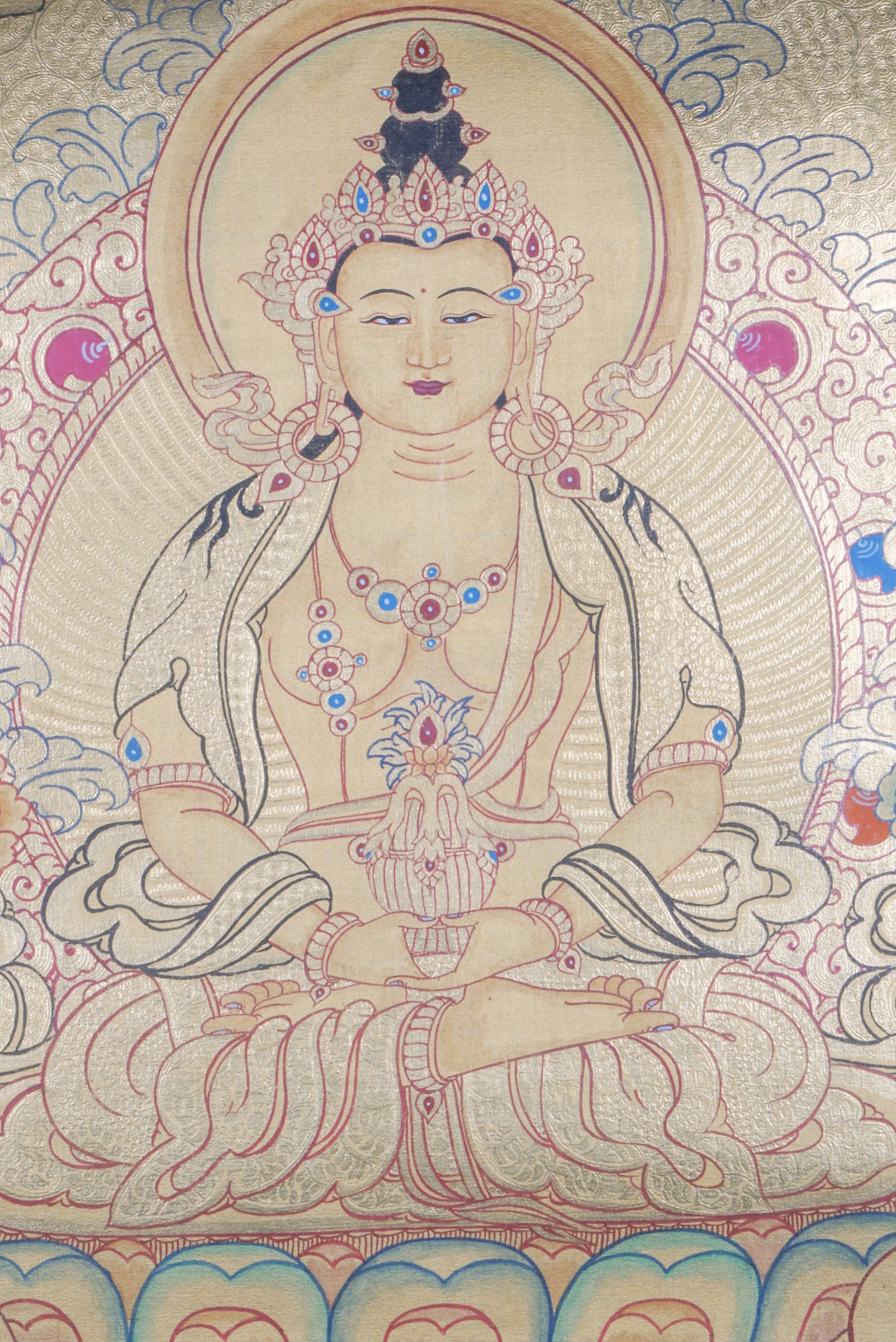 Amitayus Thangka - a sacred hand painting of Amitayus thangka representing long-life vase filled with the nectar of immortality, with Namgyalma and White Tara presence.