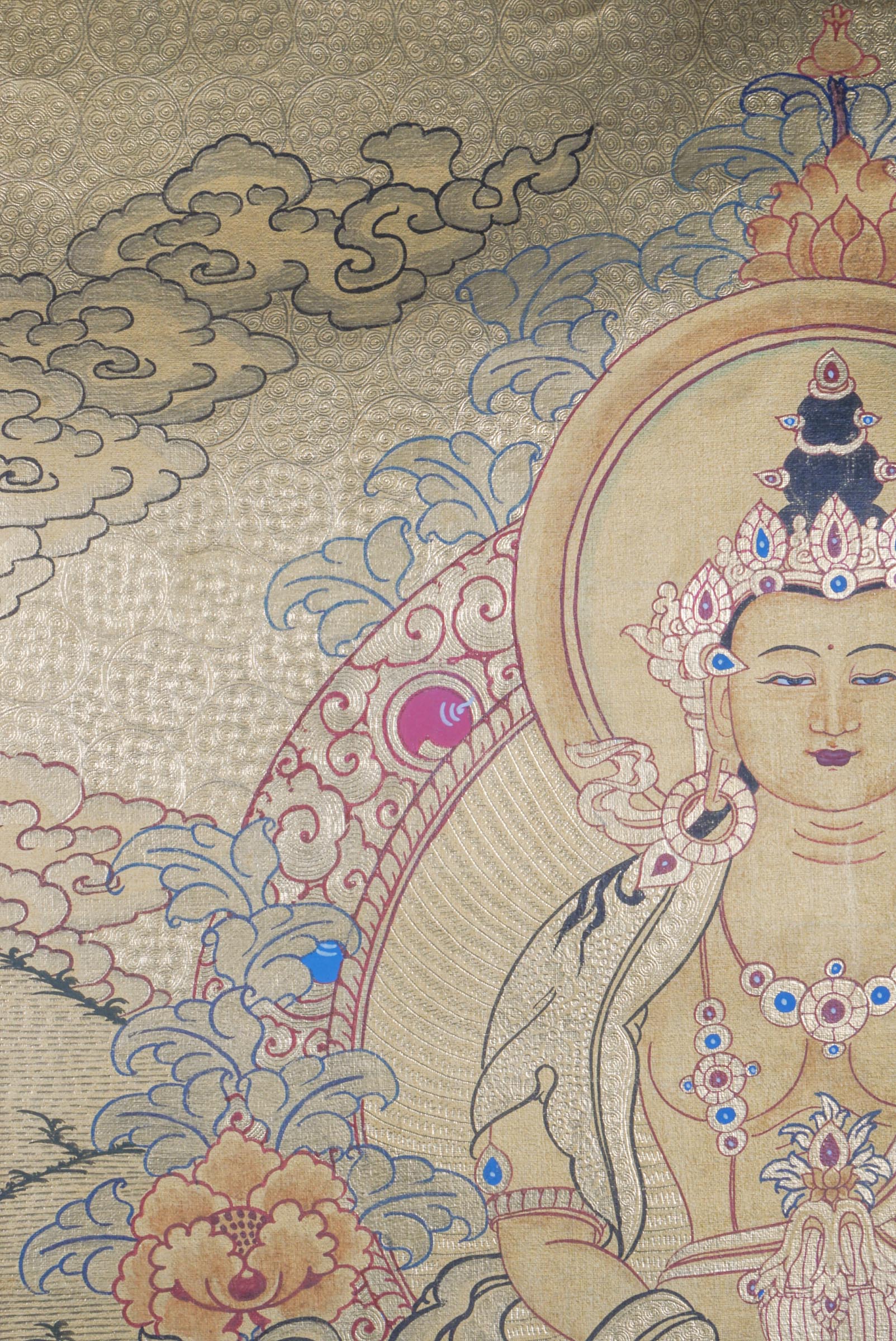 Amitayus Thangka - a sacred hand painting of Amitayus thangka representing long-life vase filled with the nectar of immortality, with Namgyalma and White Tara presence.
