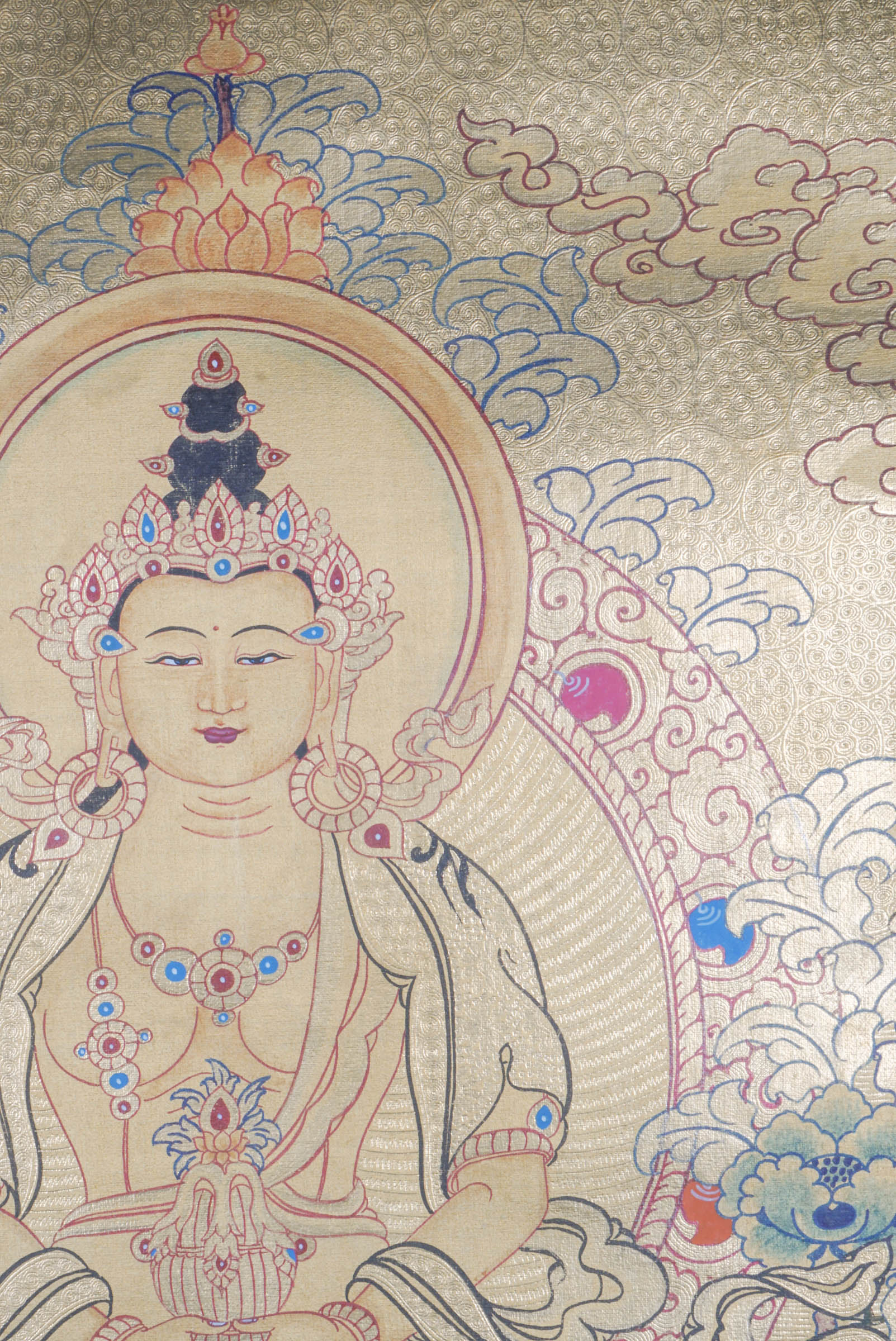 Amitayus Thangka - a sacred hand painting of Amitayus thangka representing long-life vase filled with the nectar of immortality, with Namgyalma and White Tara presence.