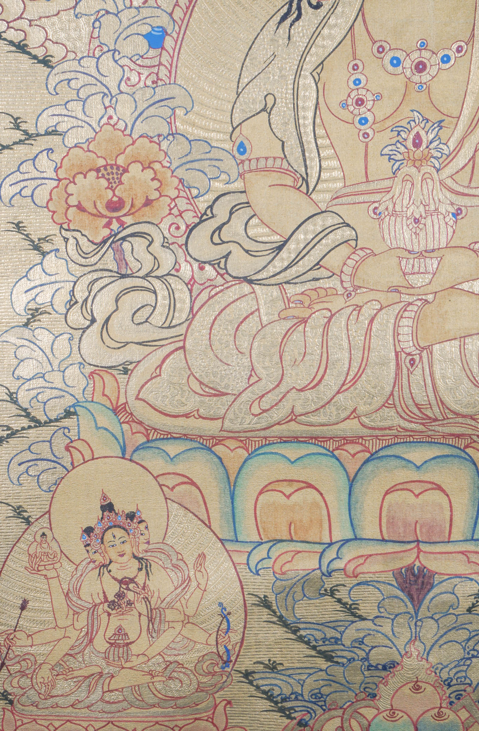 Amitayus Thangka - a sacred hand painting of Amitayus thangka representing long-life vase filled with the nectar of immortality, with Namgyalma and White Tara presence.