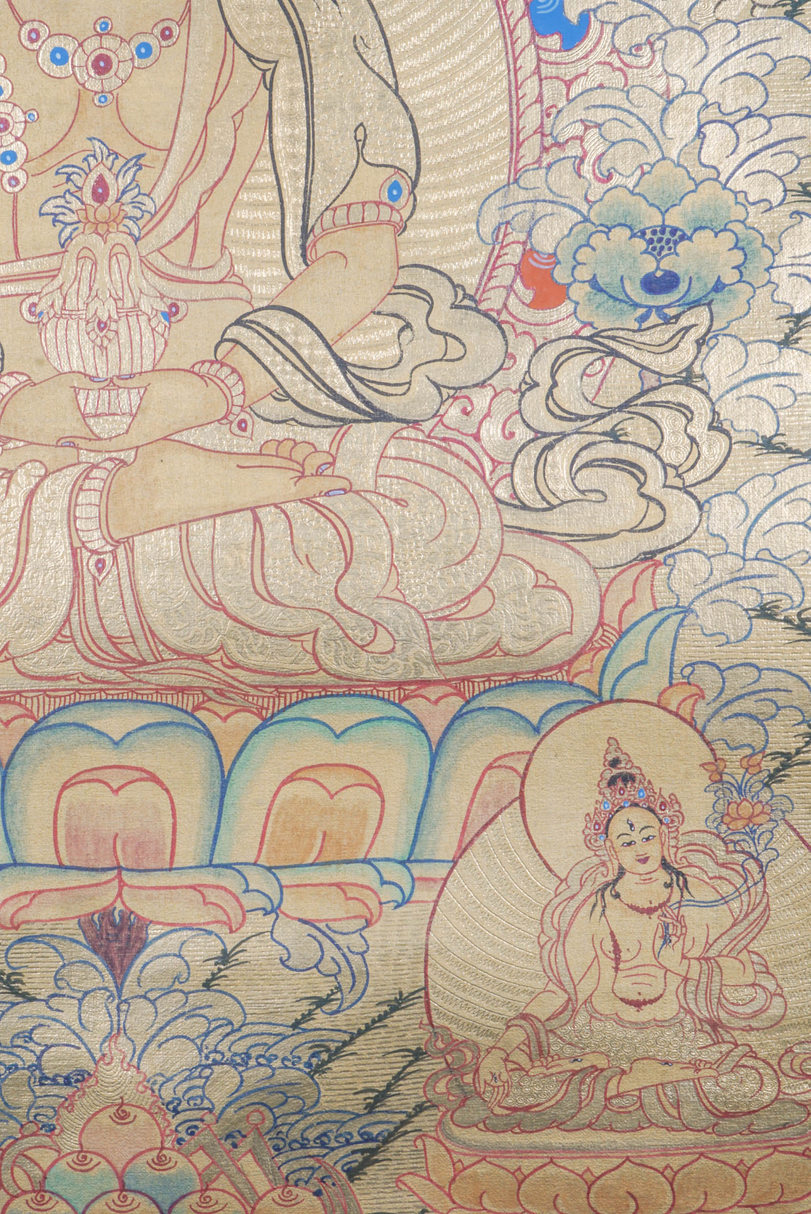 Amitayus Thangka - a sacred hand painting of Amitayus thangka representing long-life vase filled with the nectar of immortality, with Namgyalma and White Tara presence.