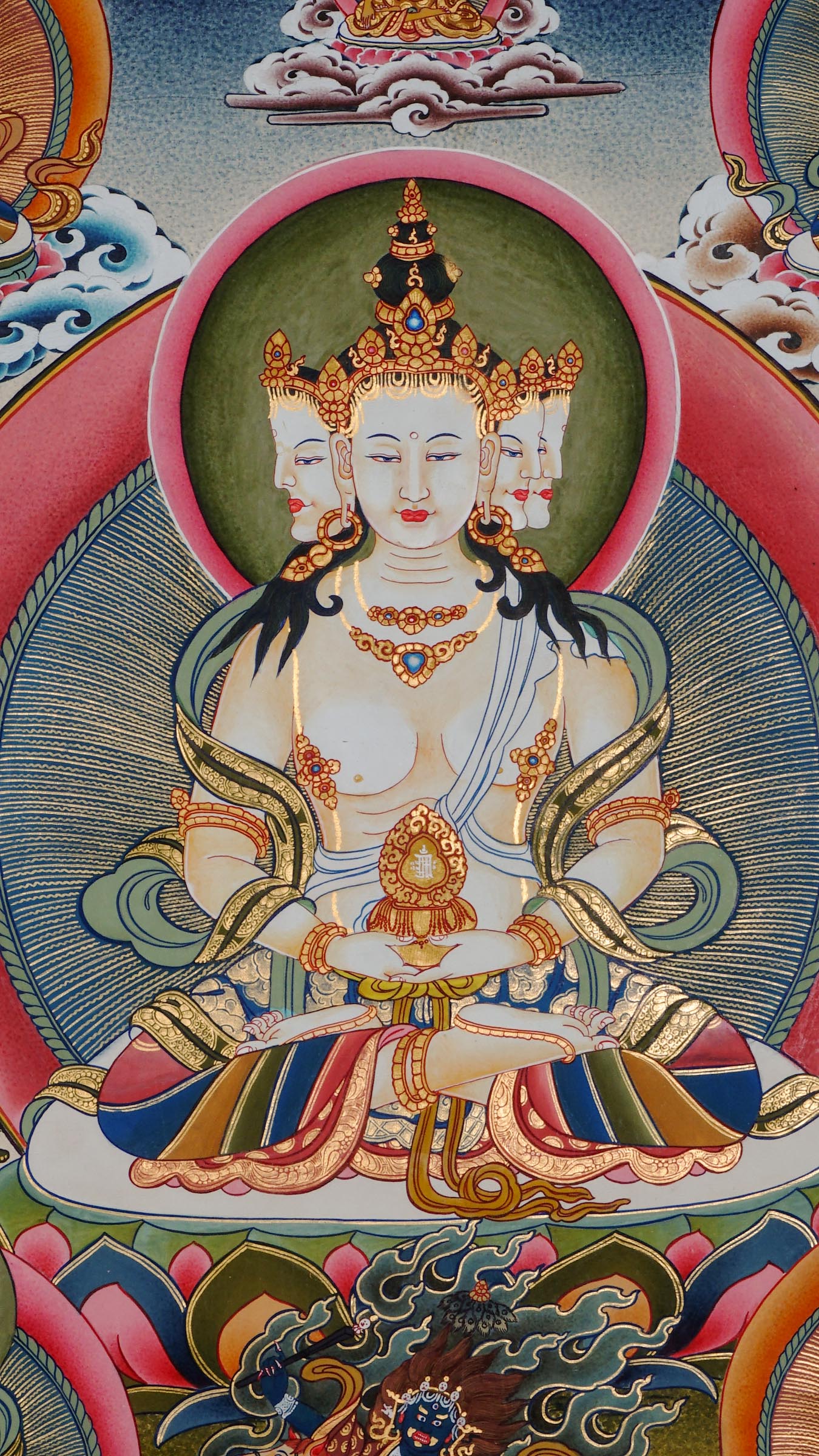 Hand-painted Vairocana Buddha thangka with 24k gold showing central Buddha surrounded by Five Dhyani Buddhas mandala in traditional Tibetan style.