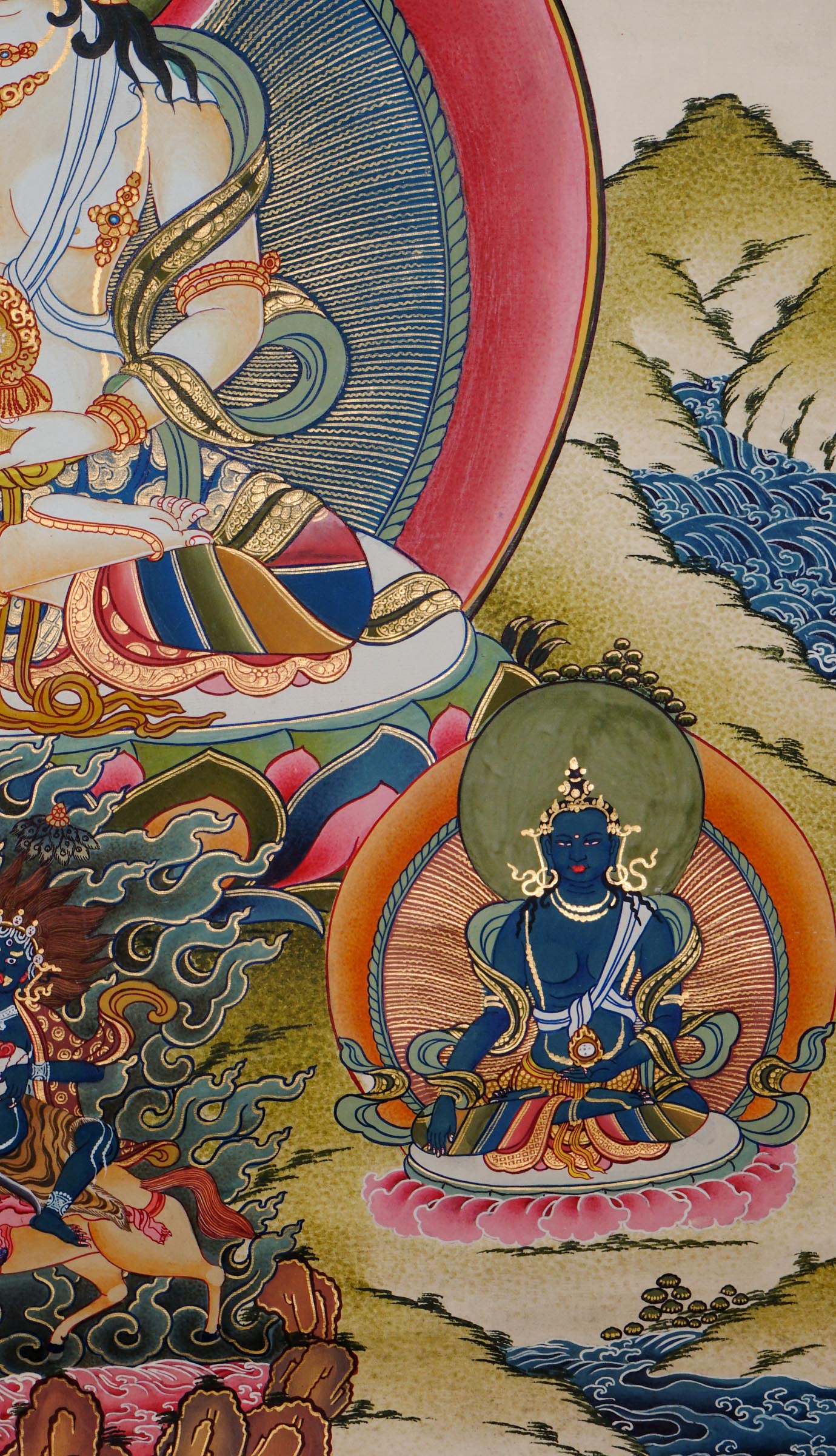 Hand-painted Vairocana Buddha thangka with 24k gold showing central Buddha surrounded by Five Dhyani Buddhas mandala in traditional Tibetan style.