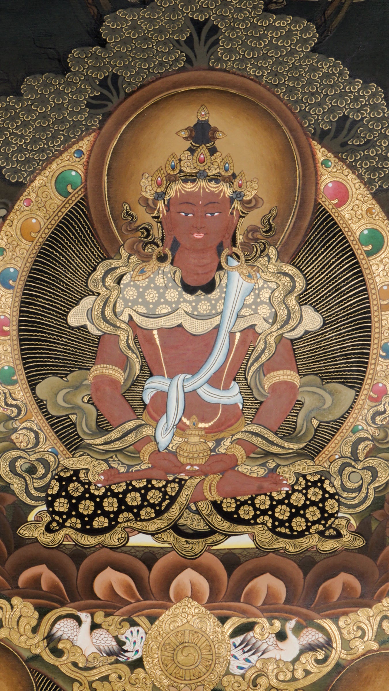Amitayus Thangka - a sacred hand-painted thangka symbolizing endless life and kindness, sitting peacefully on a lotus throne.