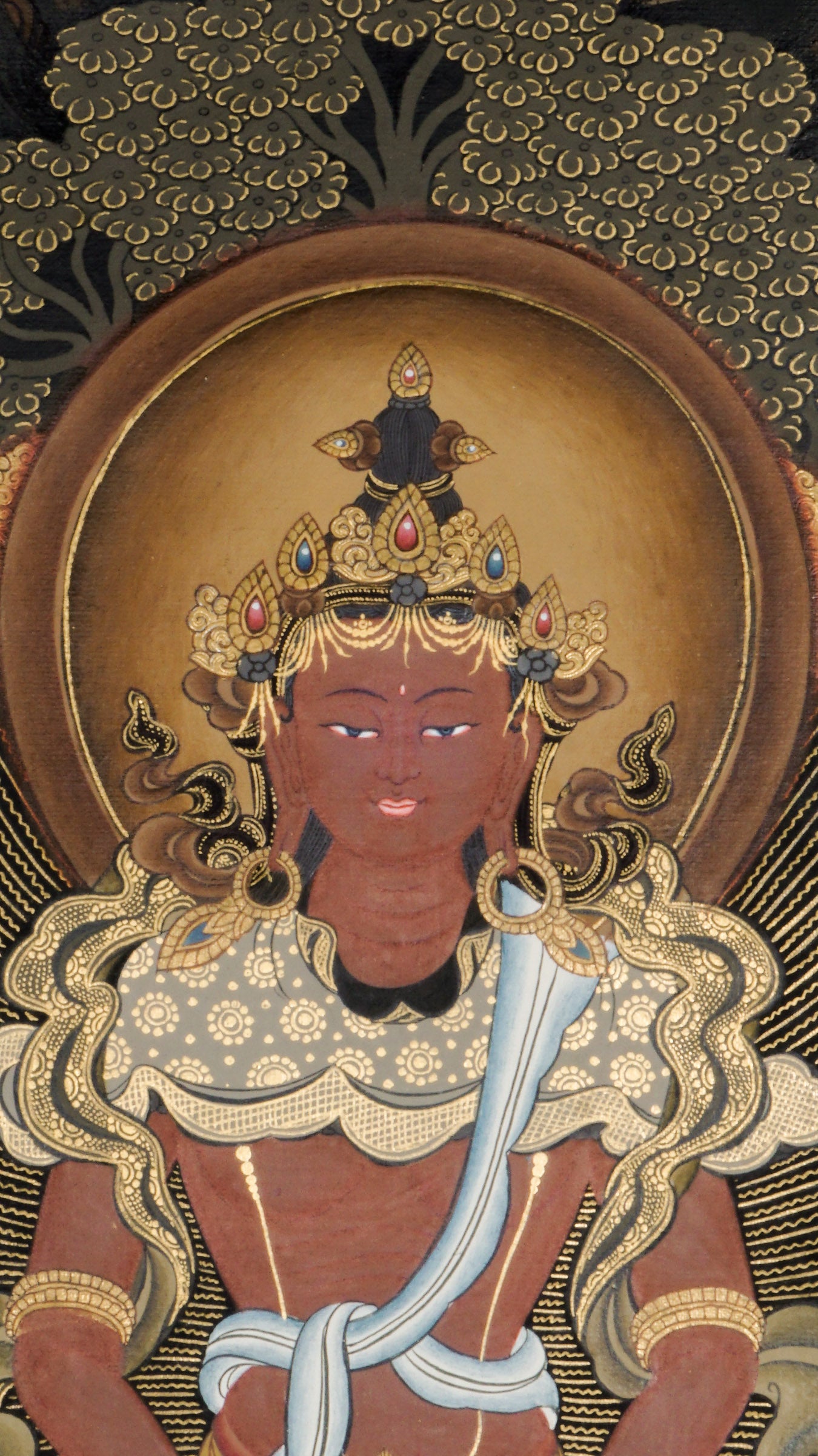 Amitayus Thangka - a sacred hand-painted thangka symbolizing endless life and kindness, sitting peacefully on a lotus throne.
