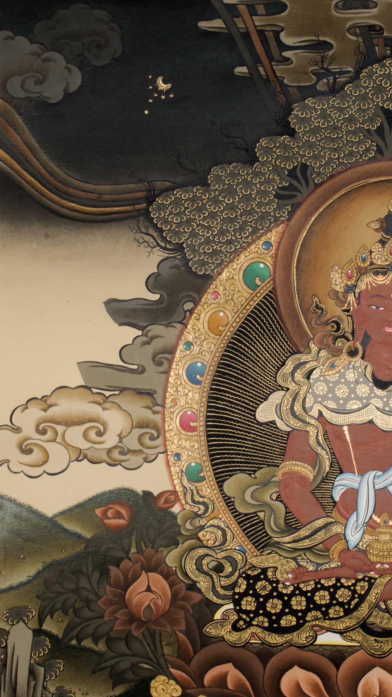 Amitayus Thangka - a sacred hand-painted thangka symbolizing endless life and kindness, sitting peacefully on a lotus throne.