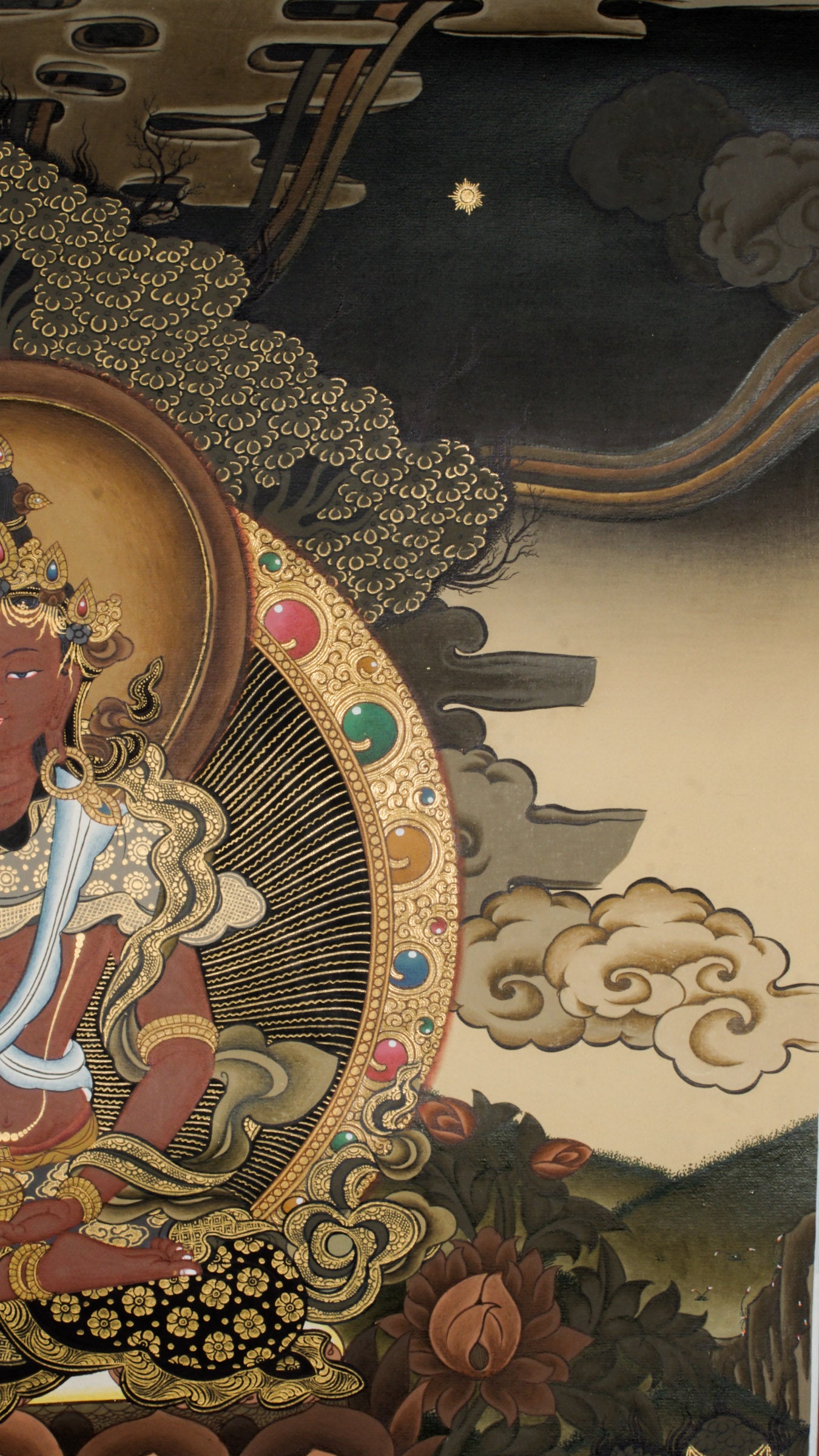 Amitayus Thangka - a sacred hand-painted thangka symbolizing endless life and kindness, sitting peacefully on a lotus throne.
