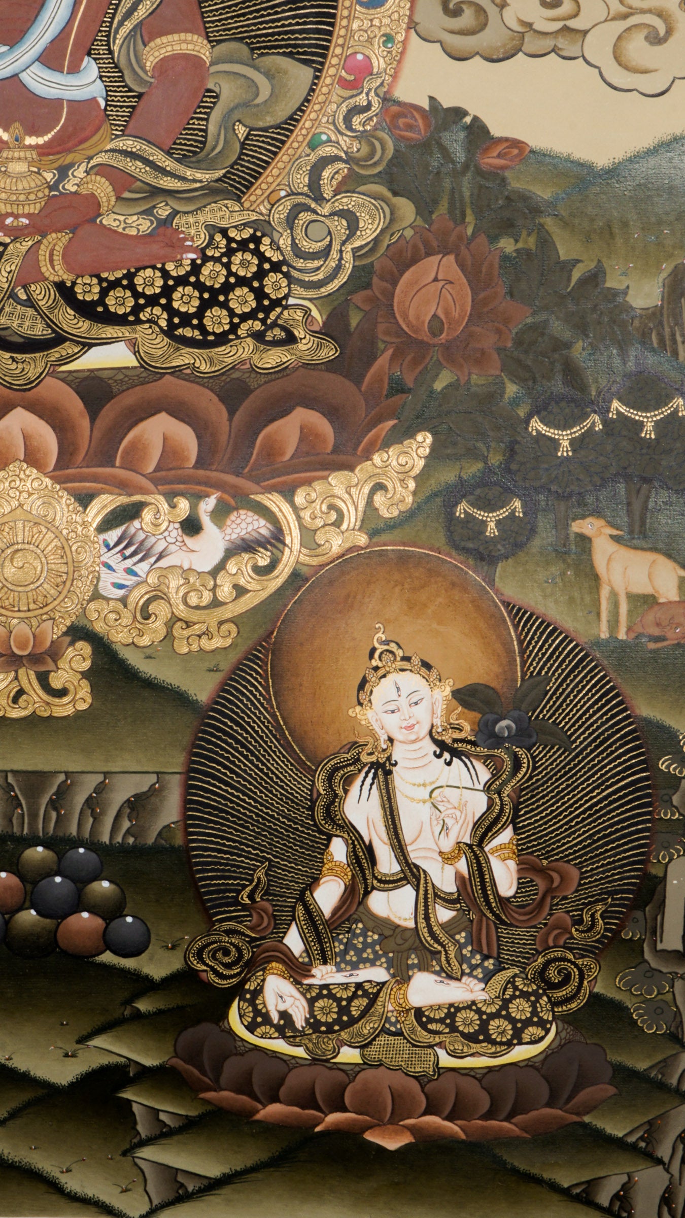 Amitayus Thangka - a sacred hand-painted thangka symbolizing endless life and kindness, sitting peacefully on a lotus throne.
