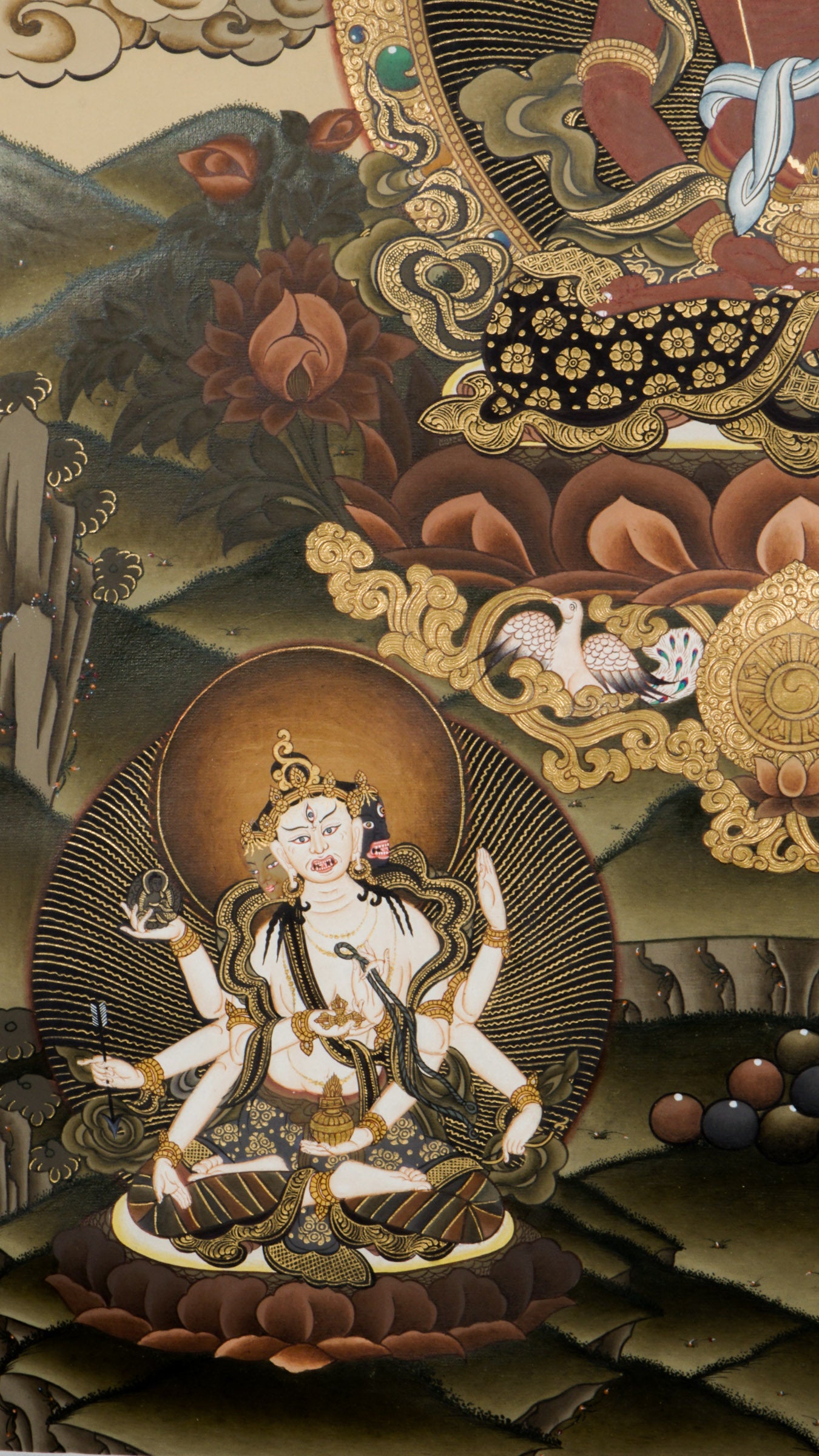 Amitayus Thangka - a sacred hand-painted thangka symbolizing endless life and kindness, sitting peacefully on a lotus throne.