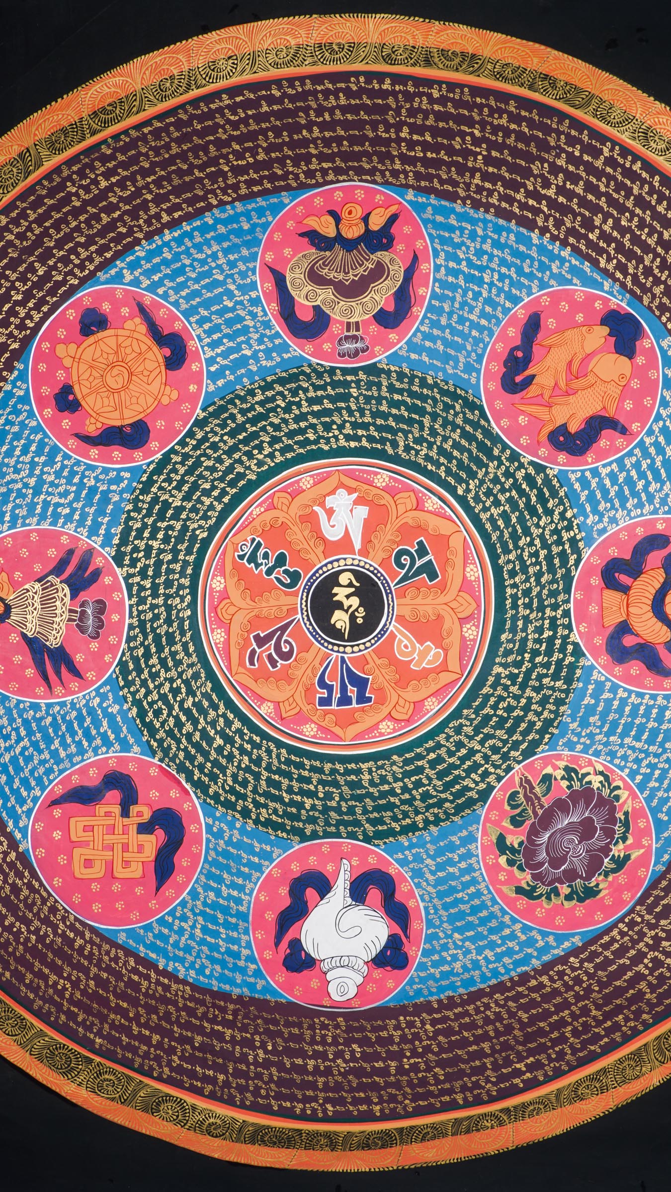 The Authentic Mantra Mandala Thangka is a hand-painted Tibetan artwork combining sacred geometry, the mantra Om Mani Padme Hum, and the Eight Auspicious Symbols to promote protection, mindfulness, and spiritual awakening. Ideal for meditation spaces or sacred decor, this thangka invites inner peace, prosperity, and connection to Buddhist wisdom.