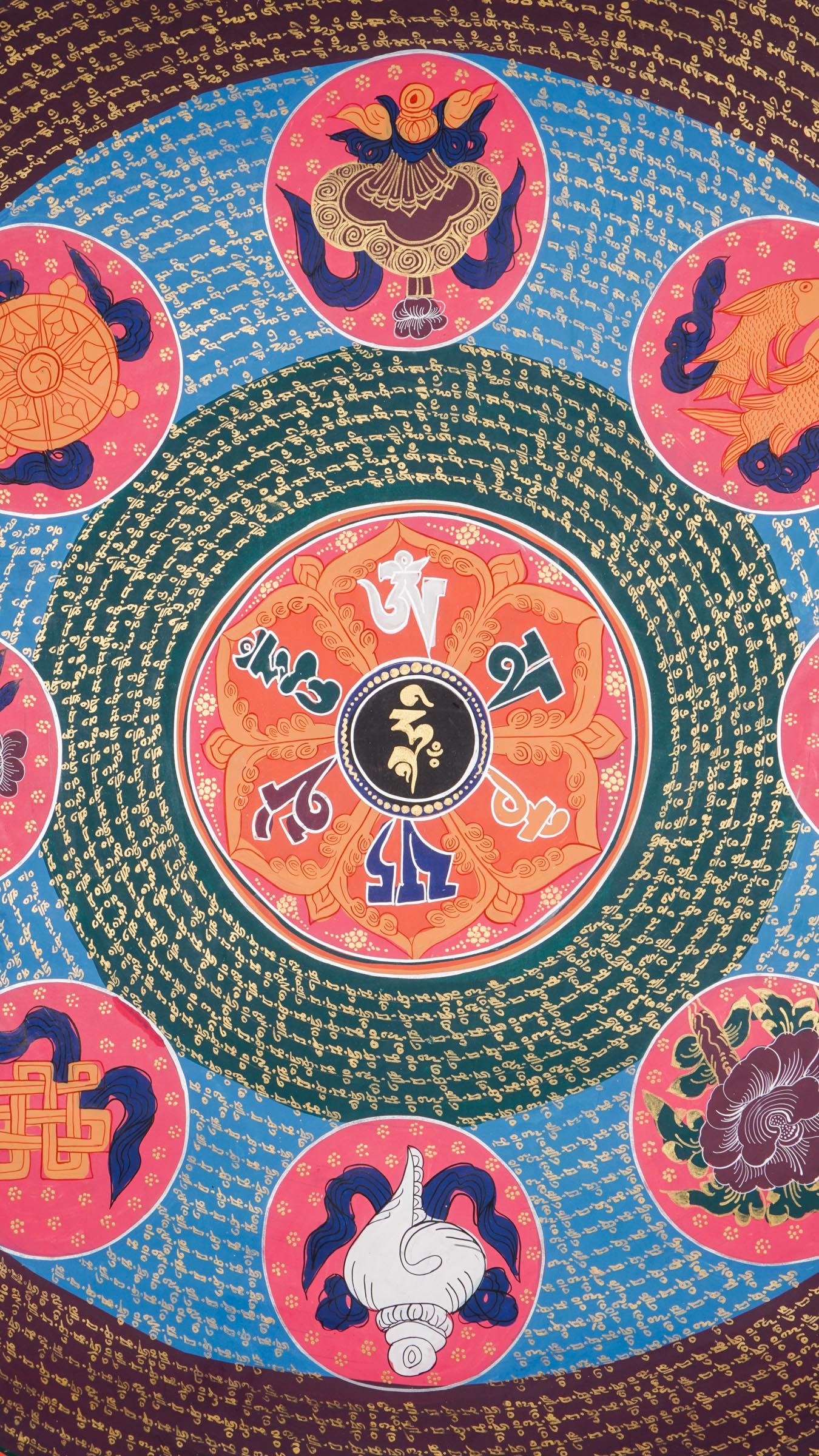 The Authentic Mantra Mandala Thangka is a hand-painted Tibetan artwork combining sacred geometry, the mantra Om Mani Padme Hum, and the Eight Auspicious Symbols to promote protection, mindfulness, and spiritual awakening. Ideal for meditation spaces or sacred decor, this thangka invites inner peace, prosperity, and connection to Buddhist wisdom.