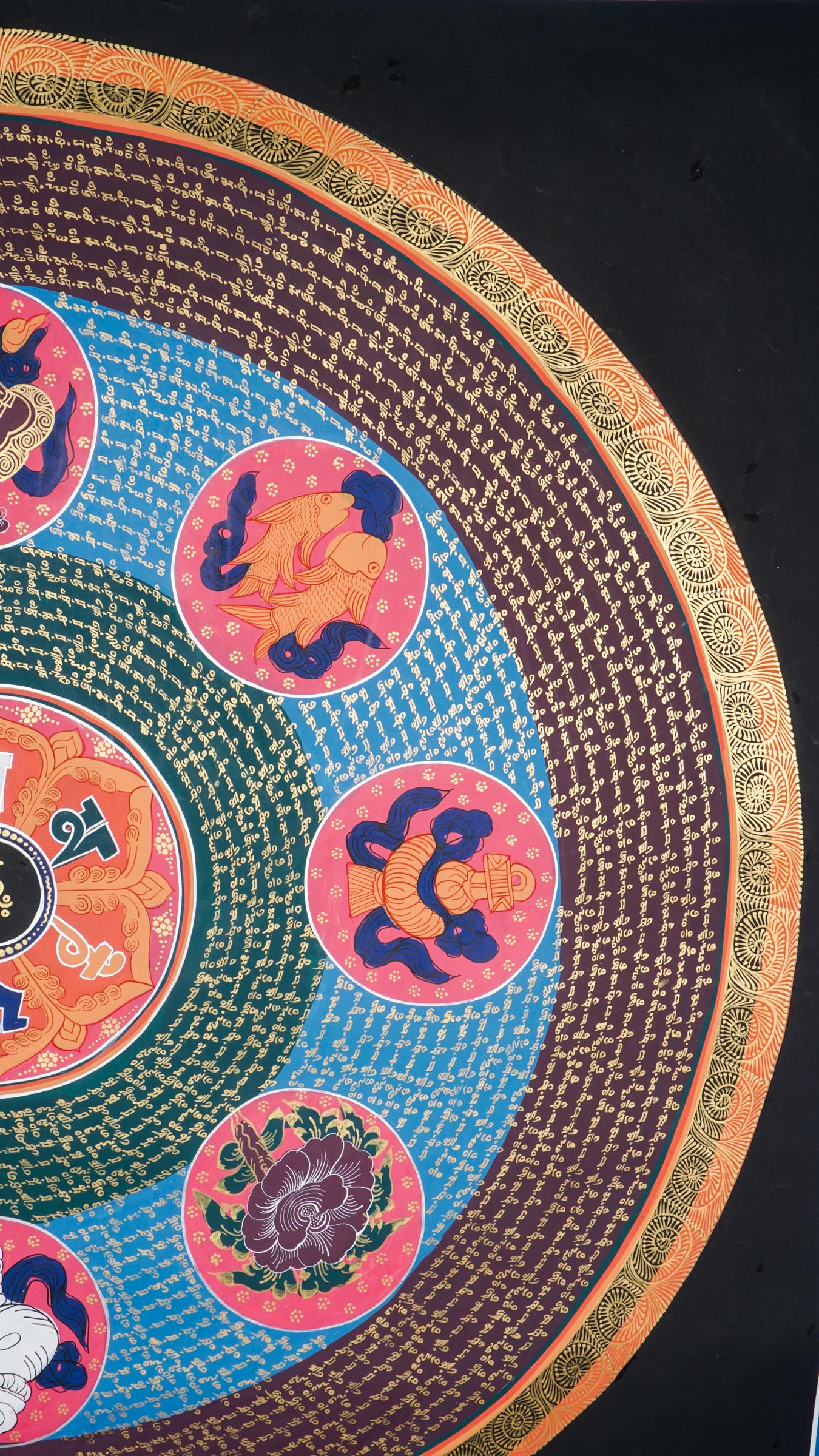 The Authentic Mantra Mandala Thangka is a hand-painted Tibetan artwork combining sacred geometry, the mantra Om Mani Padme Hum, and the Eight Auspicious Symbols to promote protection, mindfulness, and spiritual awakening. Ideal for meditation spaces or sacred decor, this thangka invites inner peace, prosperity, and connection to Buddhist wisdom.