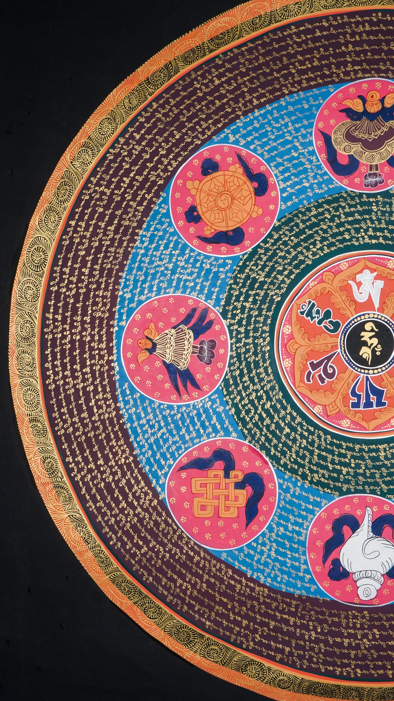 The Authentic Mantra Mandala Thangka is a hand-painted Tibetan artwork combining sacred geometry, the mantra Om Mani Padme Hum, and the Eight Auspicious Symbols to promote protection, mindfulness, and spiritual awakening. Ideal for meditation spaces or sacred decor, this thangka invites inner peace, prosperity, and connection to Buddhist wisdom.