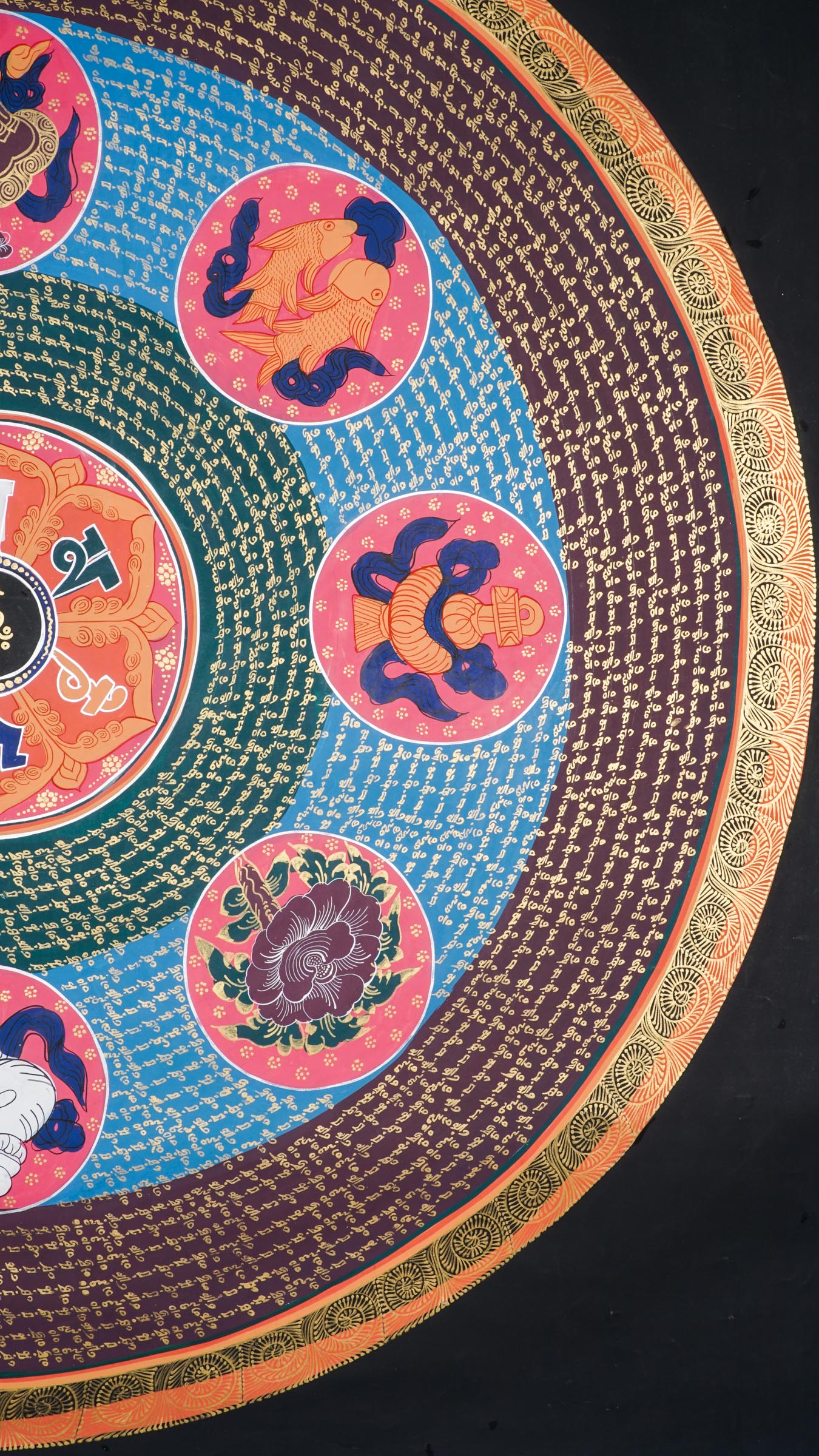 The Authentic Mantra Mandala Thangka is a hand-painted Tibetan artwork combining sacred geometry, the mantra Om Mani Padme Hum, and the Eight Auspicious Symbols to promote protection, mindfulness, and spiritual awakening. Ideal for meditation spaces or sacred decor, this thangka invites inner peace, prosperity, and connection to Buddhist wisdom.