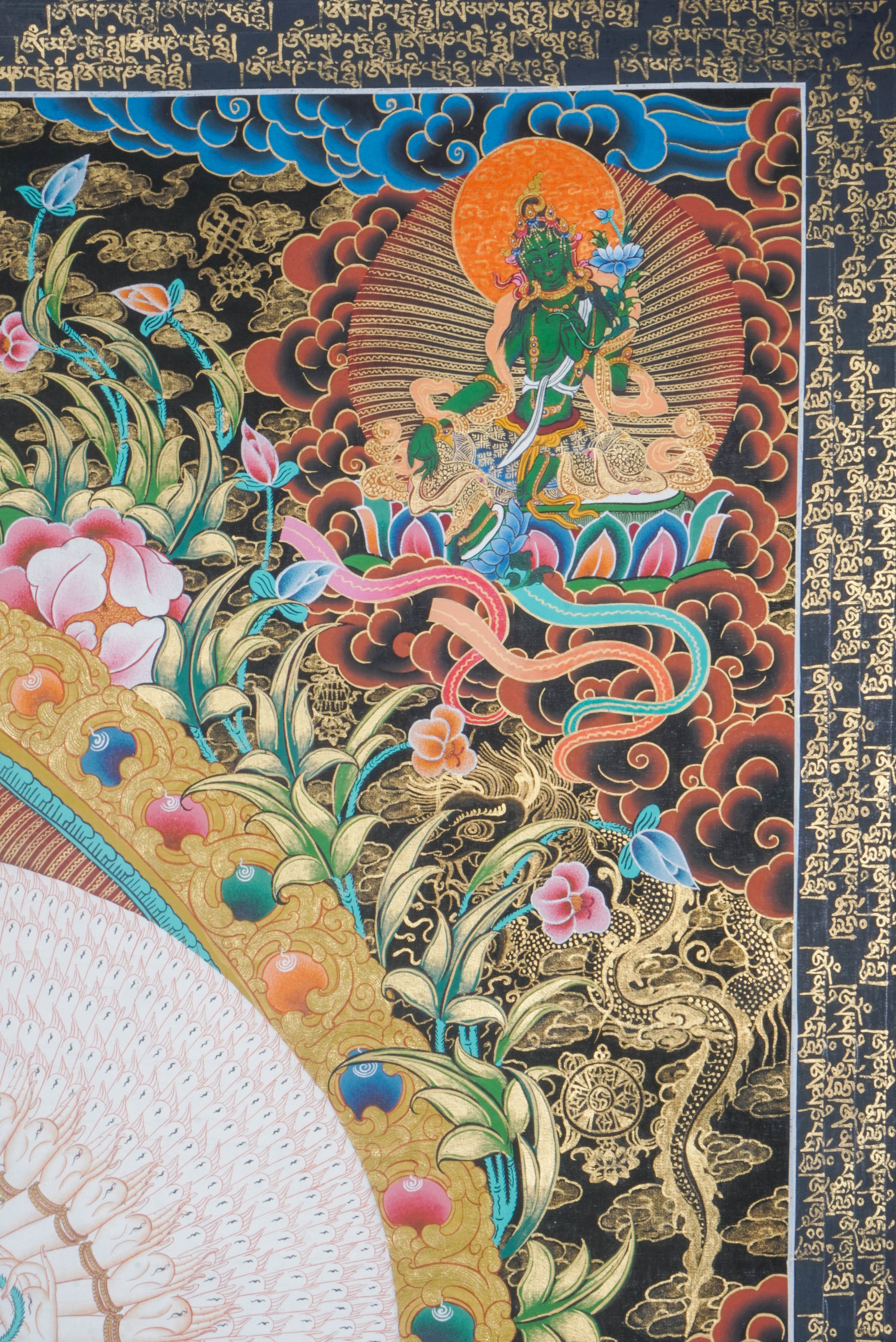 Avalokiteshvara, also referred to as Avalokeshwor or Chenrezig, is an esteemed bodhisattva in Tibetan Buddhism who embodies the principles of compassion and mercy. With multiple arms and heads, Avalokiteshvara symbolizes infinite support and relief for all beings.