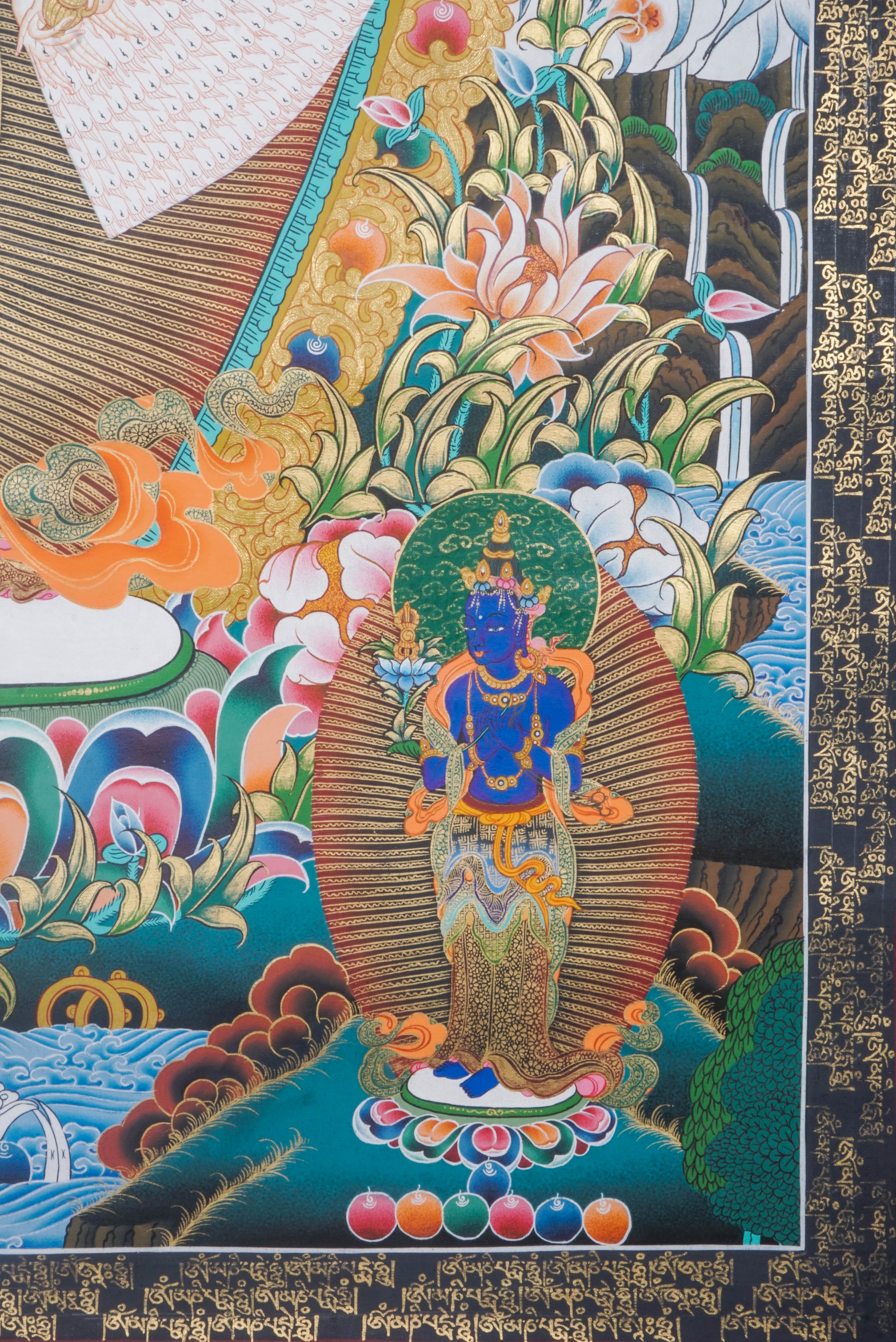 Avalokiteshvara, also referred to as Avalokeshwor or Chenrezig, is an esteemed bodhisattva in Tibetan Buddhism who embodies the principles of compassion and mercy. With multiple arms and heads, Avalokiteshvara symbolizes infinite support and relief for all beings.