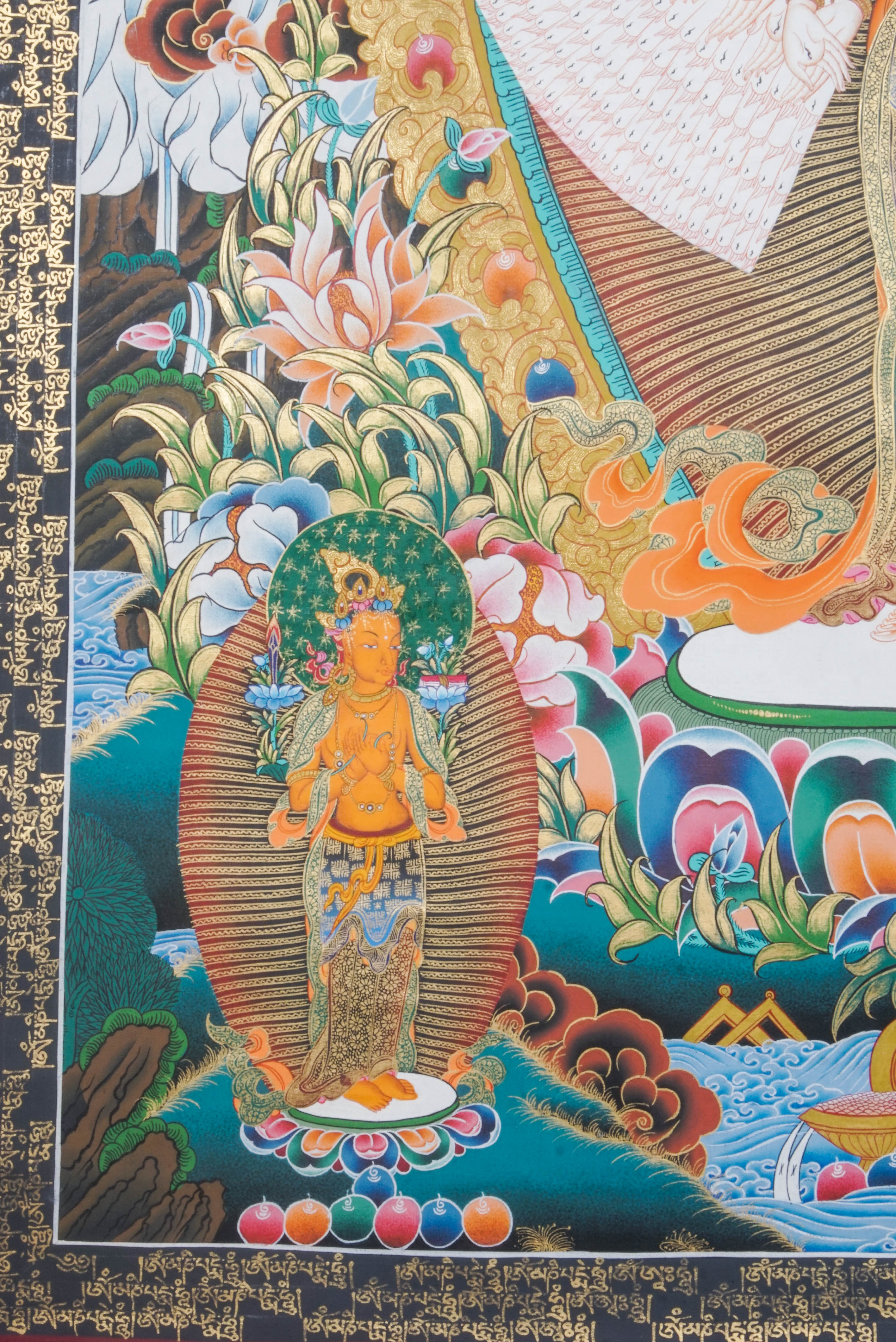Avalokiteshvara, also referred to as Avalokeshwor or Chenrezig, is an esteemed bodhisattva in Tibetan Buddhism who embodies the principles of compassion and mercy. With multiple arms and heads, Avalokiteshvara symbolizes infinite support and relief for all beings.