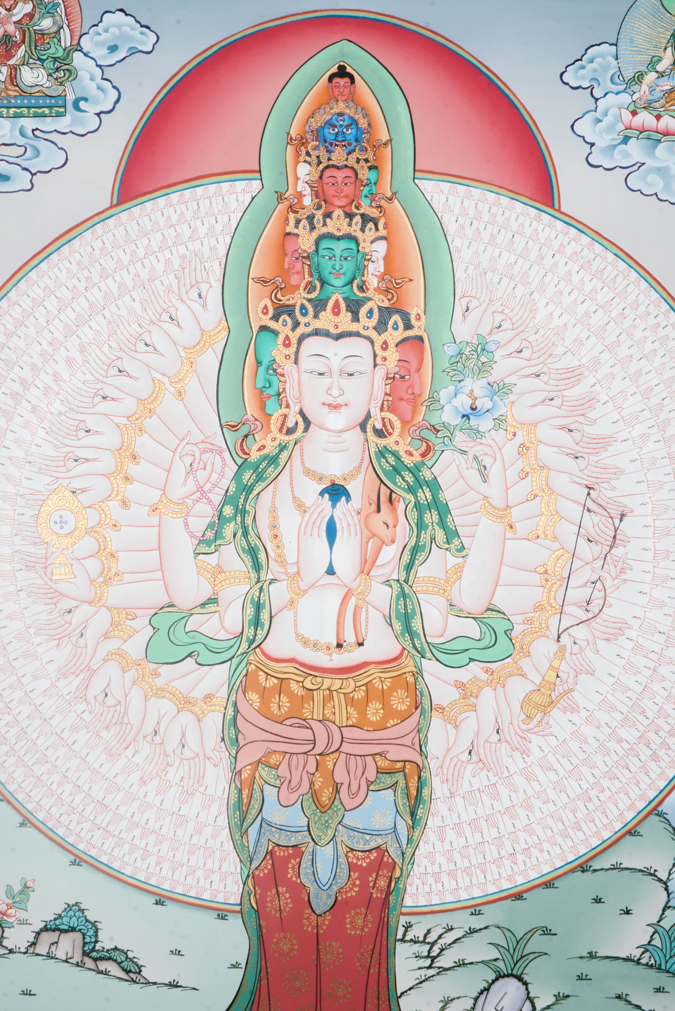 Avalokiteshvara, known as Avalokeshwor or Chenrezig, is a revered bodhisattva in Tibetan Buddhism embodying compassion and mercy.