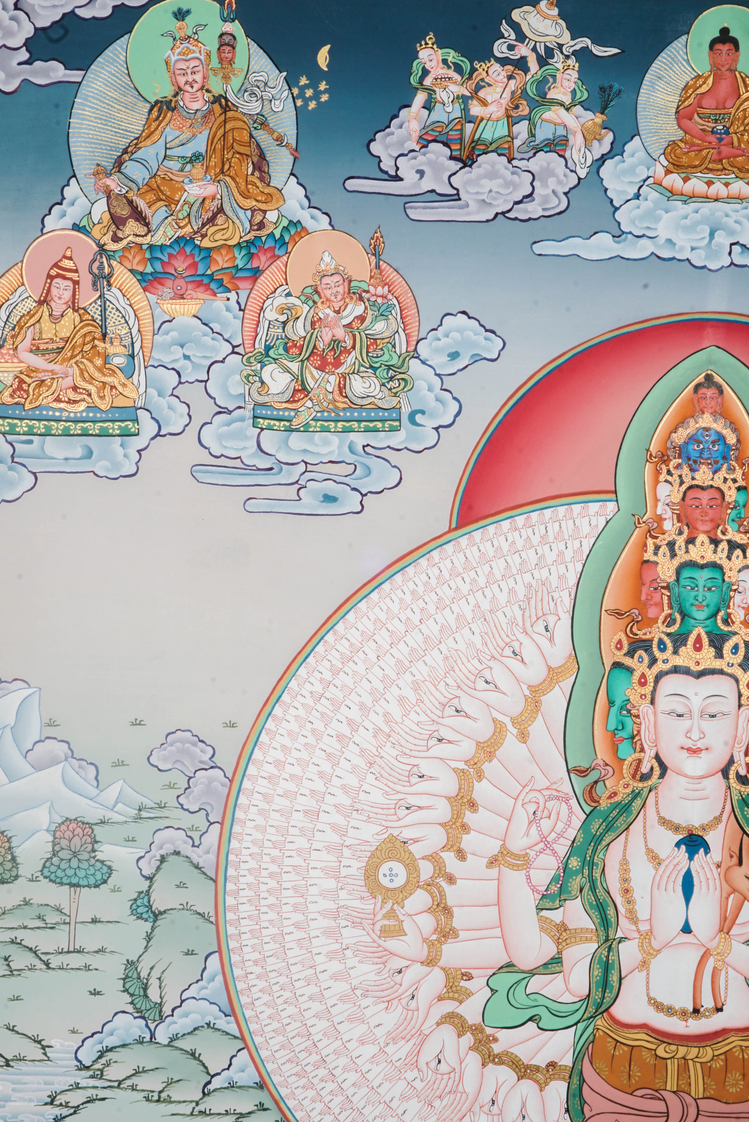 Avalokiteshvara, known as Avalokeshwor or Chenrezig, is a revered bodhisattva in Tibetan Buddhism embodying compassion and mercy.