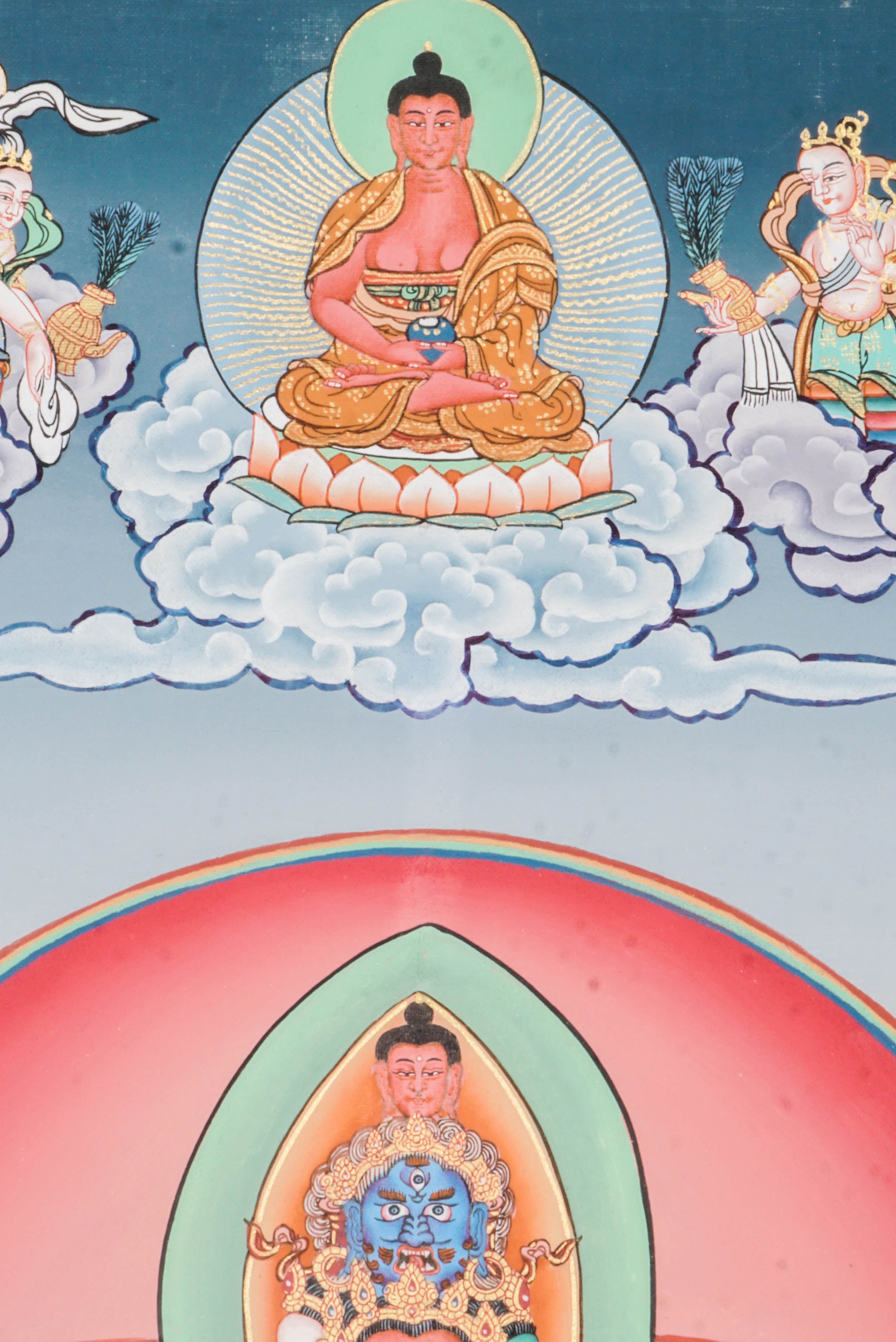 Avalokiteshvara, known as Avalokeshwor or Chenrezig, is a revered bodhisattva in Tibetan Buddhism embodying compassion and mercy.