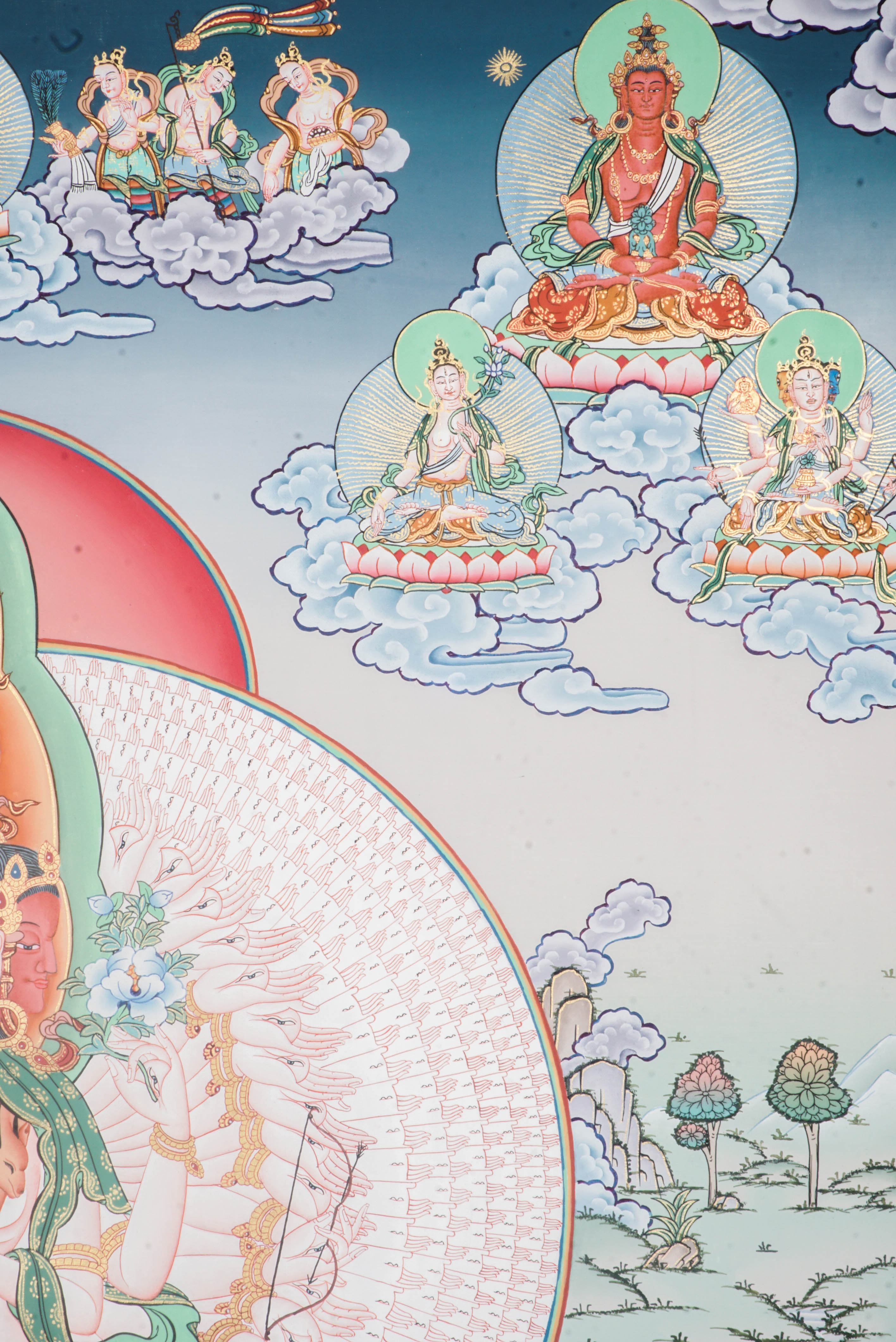 Avalokiteshvara, known as Avalokeshwor or Chenrezig, is a revered bodhisattva in Tibetan Buddhism embodying compassion and mercy.