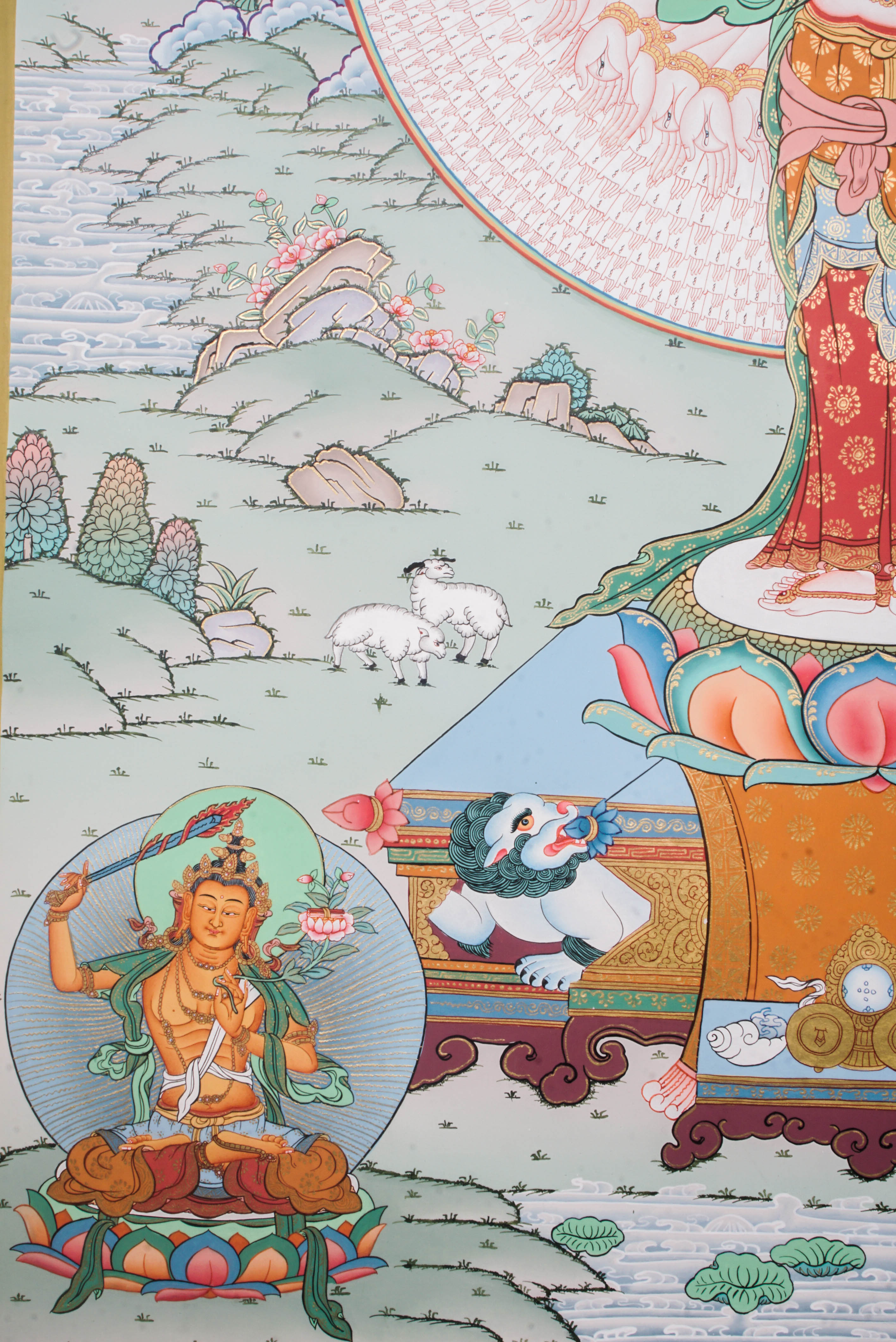 Avalokiteshvara, known as Avalokeshwor or Chenrezig, is a revered bodhisattva in Tibetan Buddhism embodying compassion and mercy.