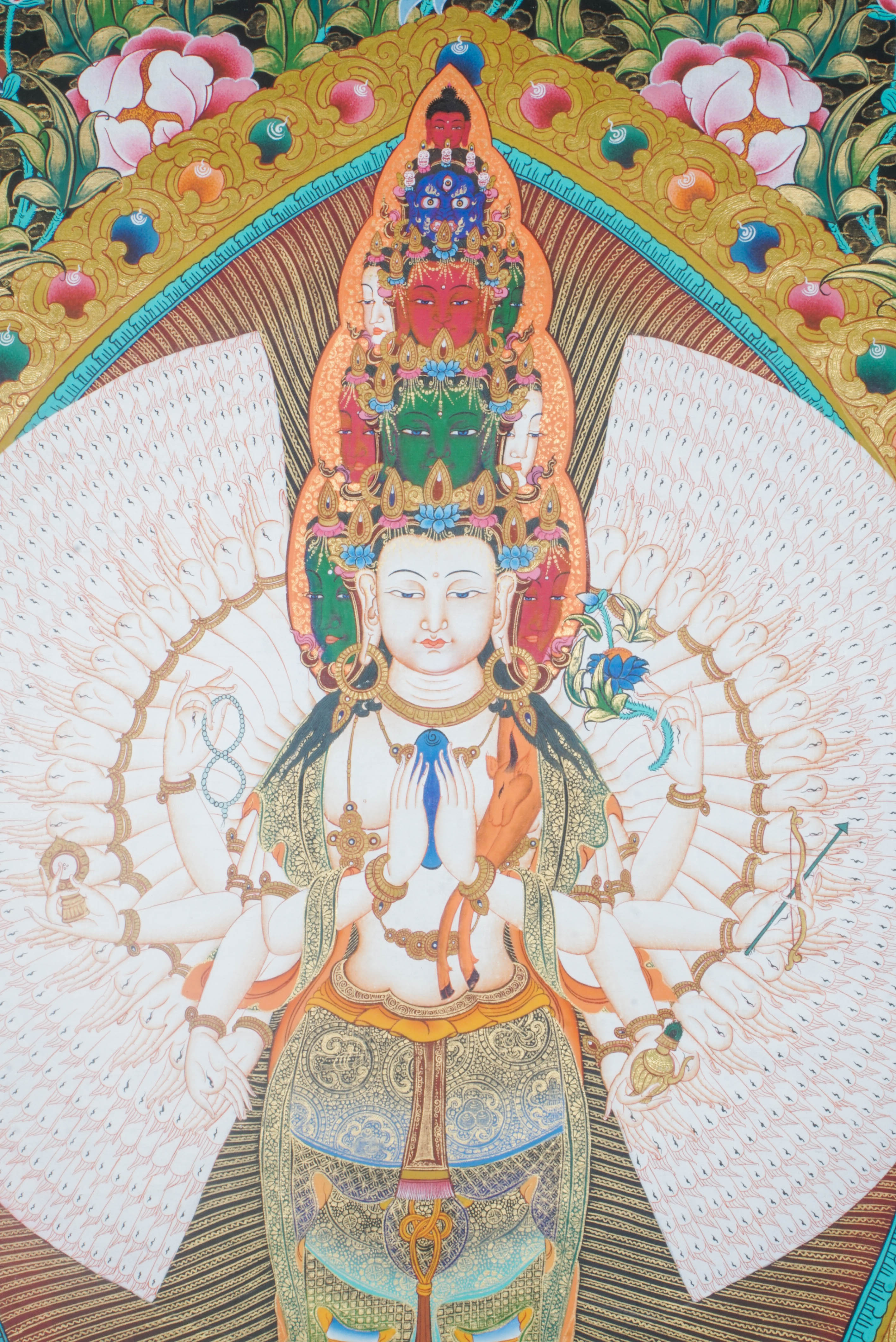 Avalokiteshvara, also referred to as Avalokeshwor or Chenrezig, is an esteemed bodhisattva in Tibetan Buddhism who embodies the principles of compassion and mercy. With multiple arms and heads, Avalokiteshvara symbolizes infinite support and relief for all beings.