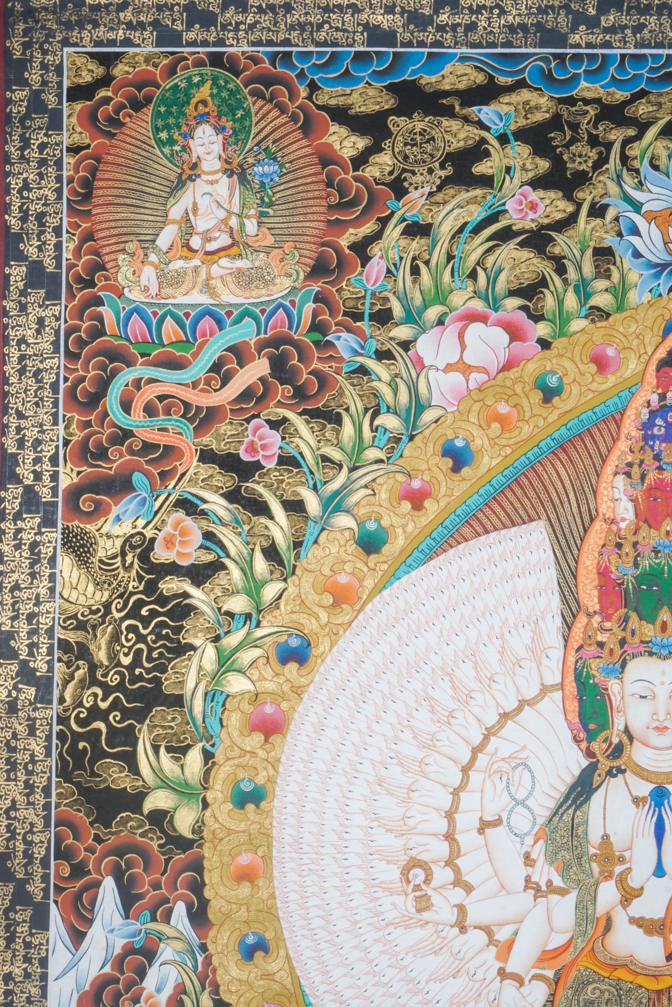 Avalokiteshvara, also referred to as Avalokeshwor or Chenrezig, is an esteemed bodhisattva in Tibetan Buddhism who embodies the principles of compassion and mercy. With multiple arms and heads, Avalokiteshvara symbolizes infinite support and relief for all beings.