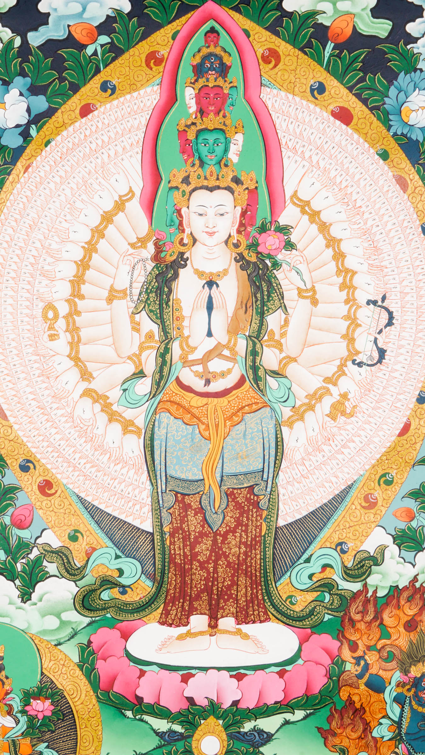 Exquisite Tibetan Thangka painting of Avalokiteshvara (Guanyin), the Bodhisattva of Compassion, hand-painted with natural pigments. A sacred Buddhist artwork for meditation, altars, or spiritual decor, symbolizing peace and enlightenment.