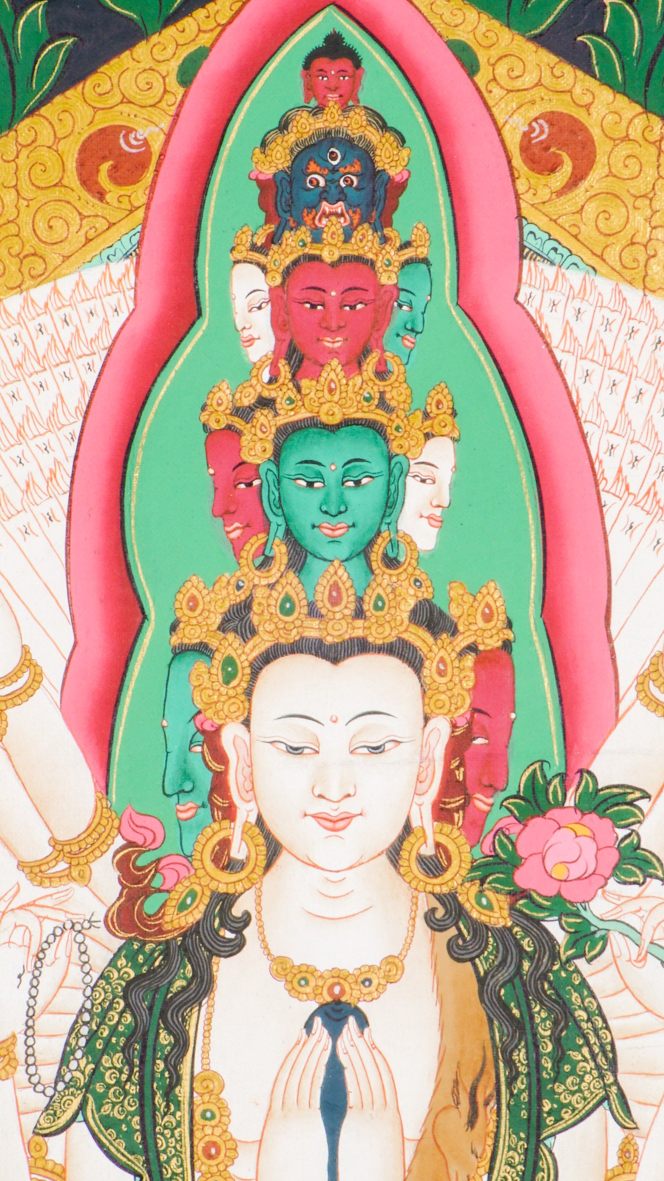 Exquisite Tibetan Thangka painting of Avalokiteshvara (Guanyin), the Bodhisattva of Compassion, hand-painted with natural pigments. A sacred Buddhist artwork for meditation, altars, or spiritual decor, symbolizing peace and enlightenment.