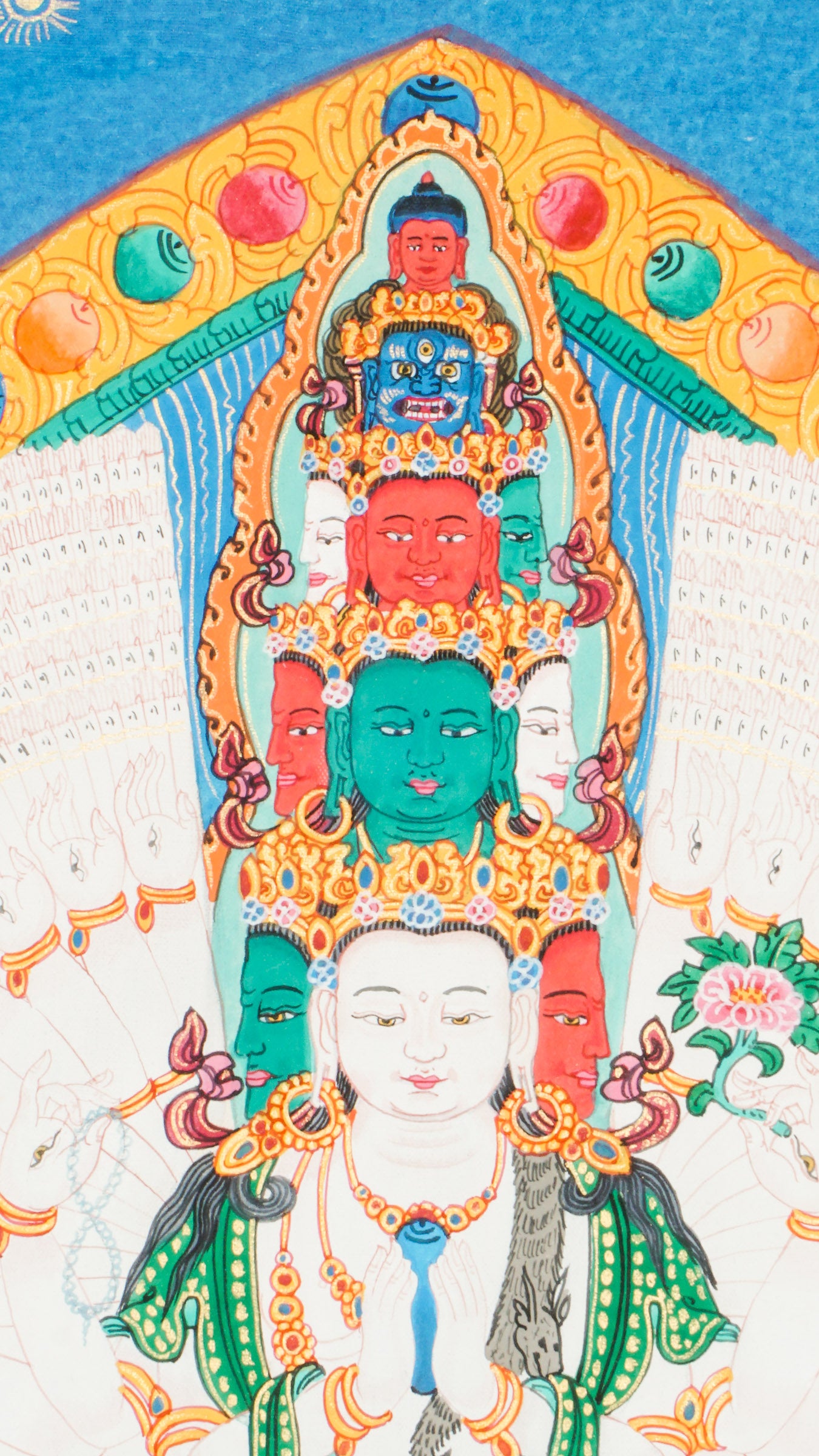 Tibetan Thangka painting of Avalokiteshvara, painted with mineral pigments on cotton. The artwork shows the Buddha of Compassion with multiple arms, holding symbolic objects.