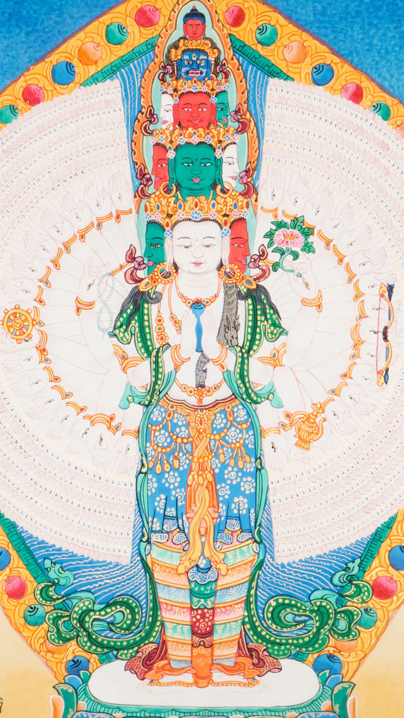 Tibetan Thangka painting of Avalokiteshvara, painted with mineral pigments on cotton. The artwork shows the Buddha of Compassion with multiple arms, holding symbolic objects.