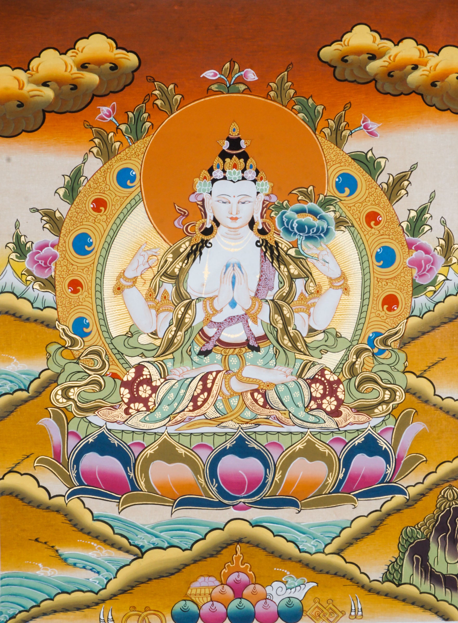 Hand-painted Chengresi Thangka representing the Bodhisattva who listens to the suffering of all living beings.