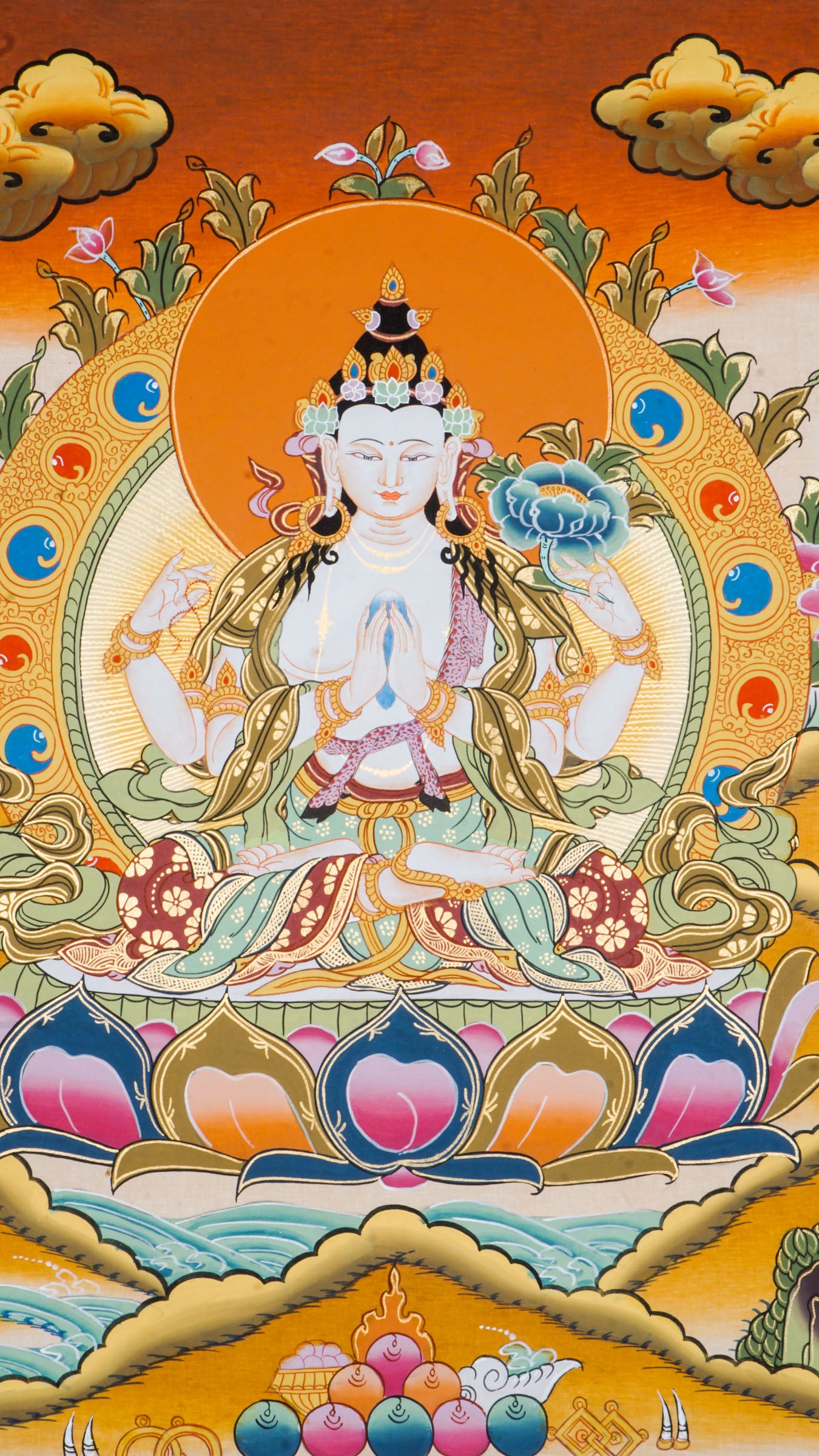 Hand-painted Chengresi Thangka representing the Bodhisattva who listens to the suffering of all living beings.