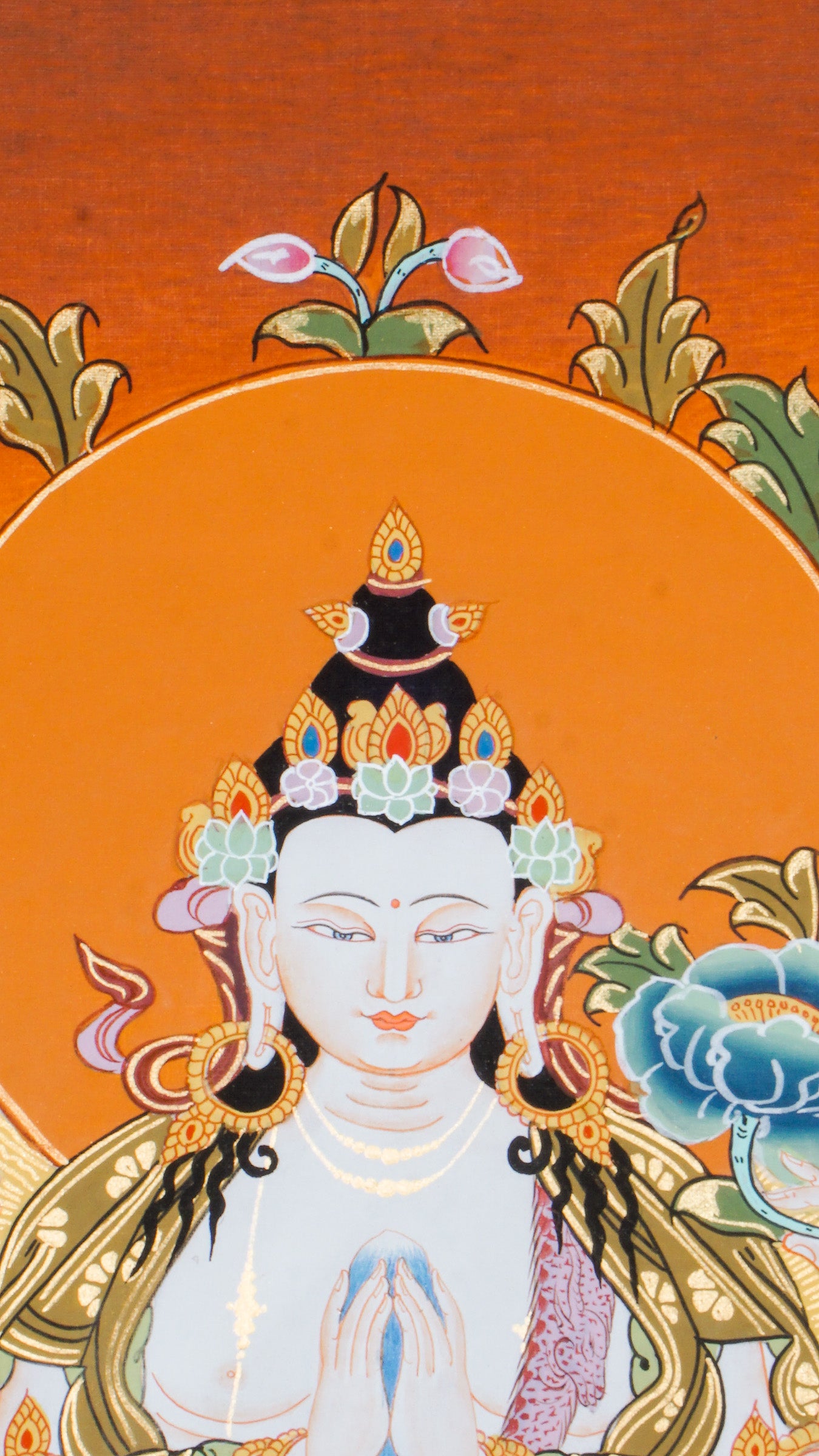 Hand-painted Chengresi Thangka representing the Bodhisattva who listens to the suffering of all living beings.