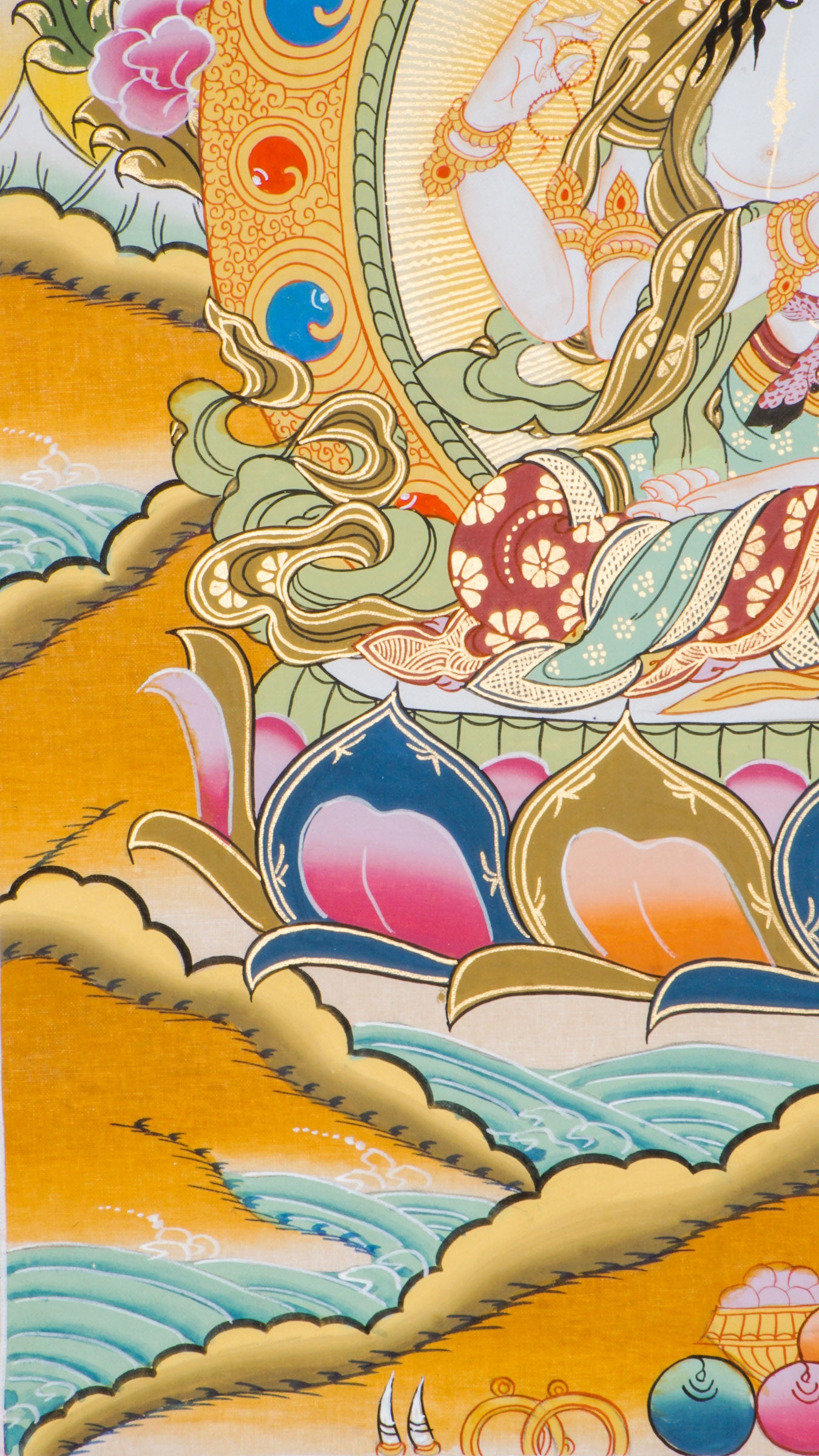Hand-painted Chengresi Thangka representing the Bodhisattva who listens to the suffering of all living beings.