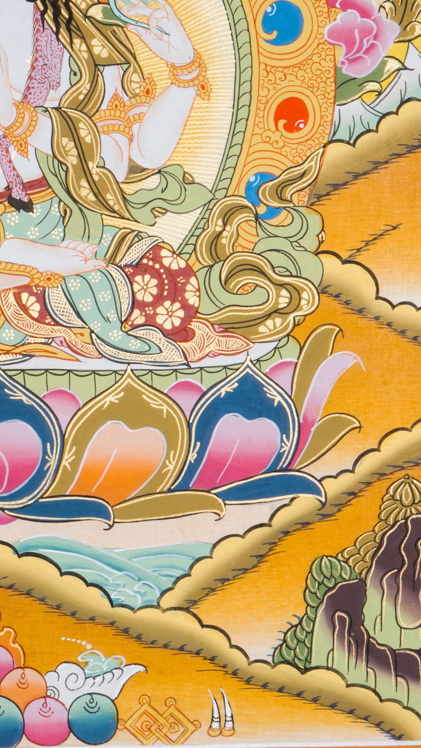 Hand-painted Chengresi Thangka representing the Bodhisattva who listens to the suffering of all living beings.