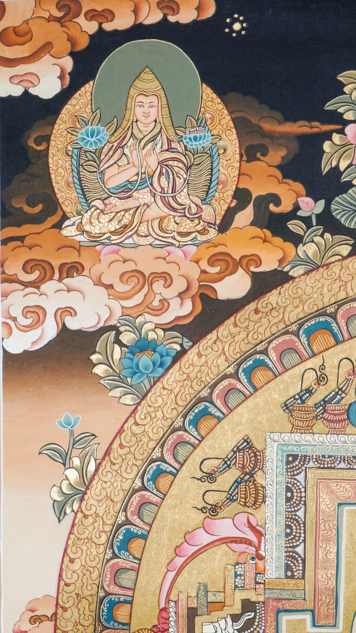 Tibetan Thangka painting of the Avalokiteshvara Mandala, showing the Buddha of Compassion at the center with symbolic imagery. Painted with mineral pigments on cotton, used for meditation and Buddhist practice.