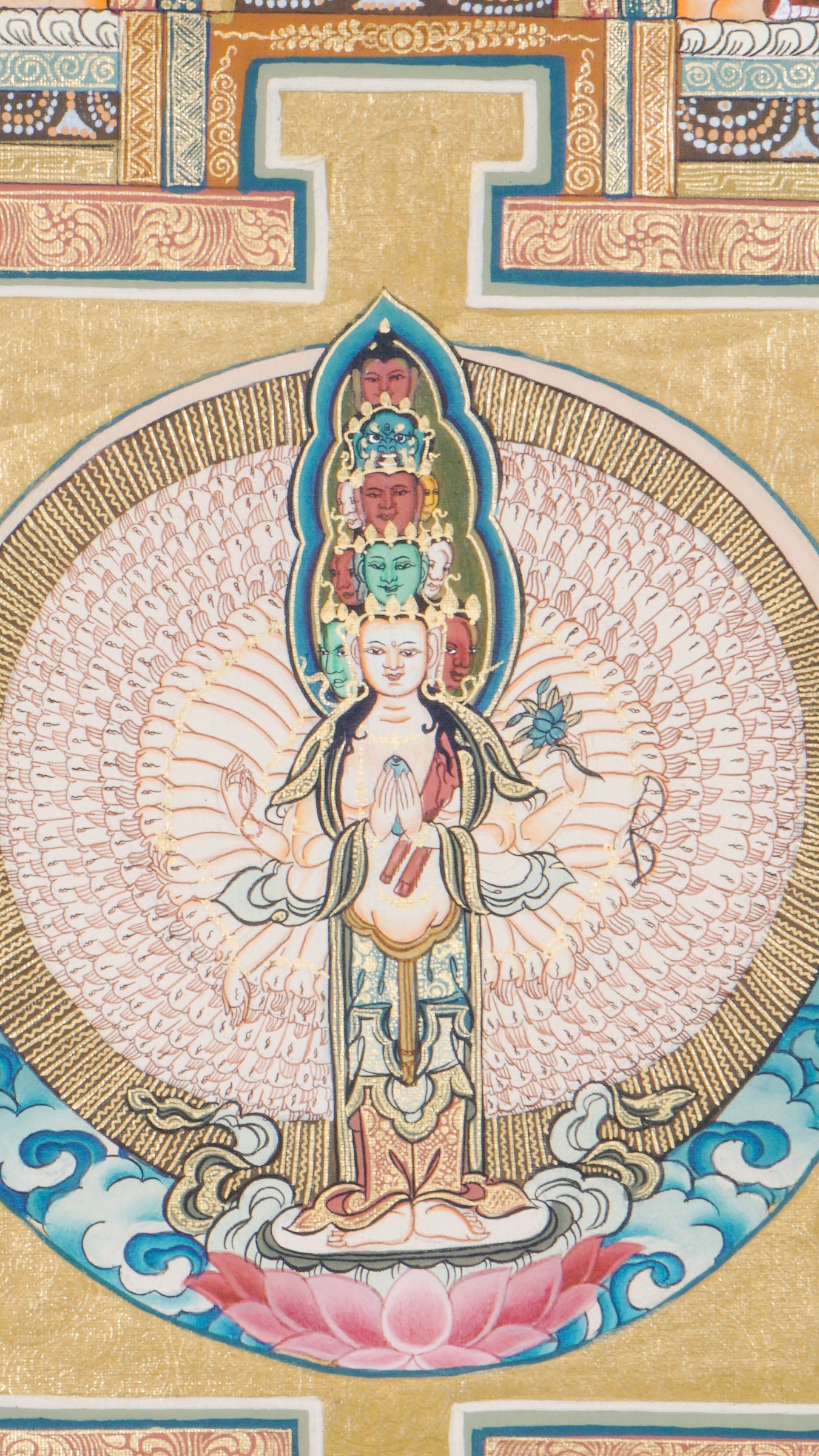 Tibetan Thangka painting of the Avalokiteshvara Mandala, showing the Buddha of Compassion at the center with symbolic imagery. Painted with mineral pigments on cotton, used for meditation and Buddhist practice .