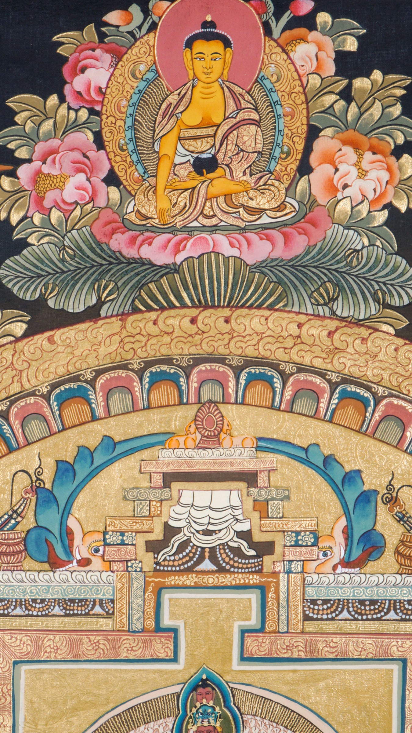 Tibetan Thangka painting of the Avalokiteshvara Mandala, showing the Buddha of Compassion at the center with symbolic imagery. Painted with mineral pigments on cotton, used for meditation and Buddhist practice.