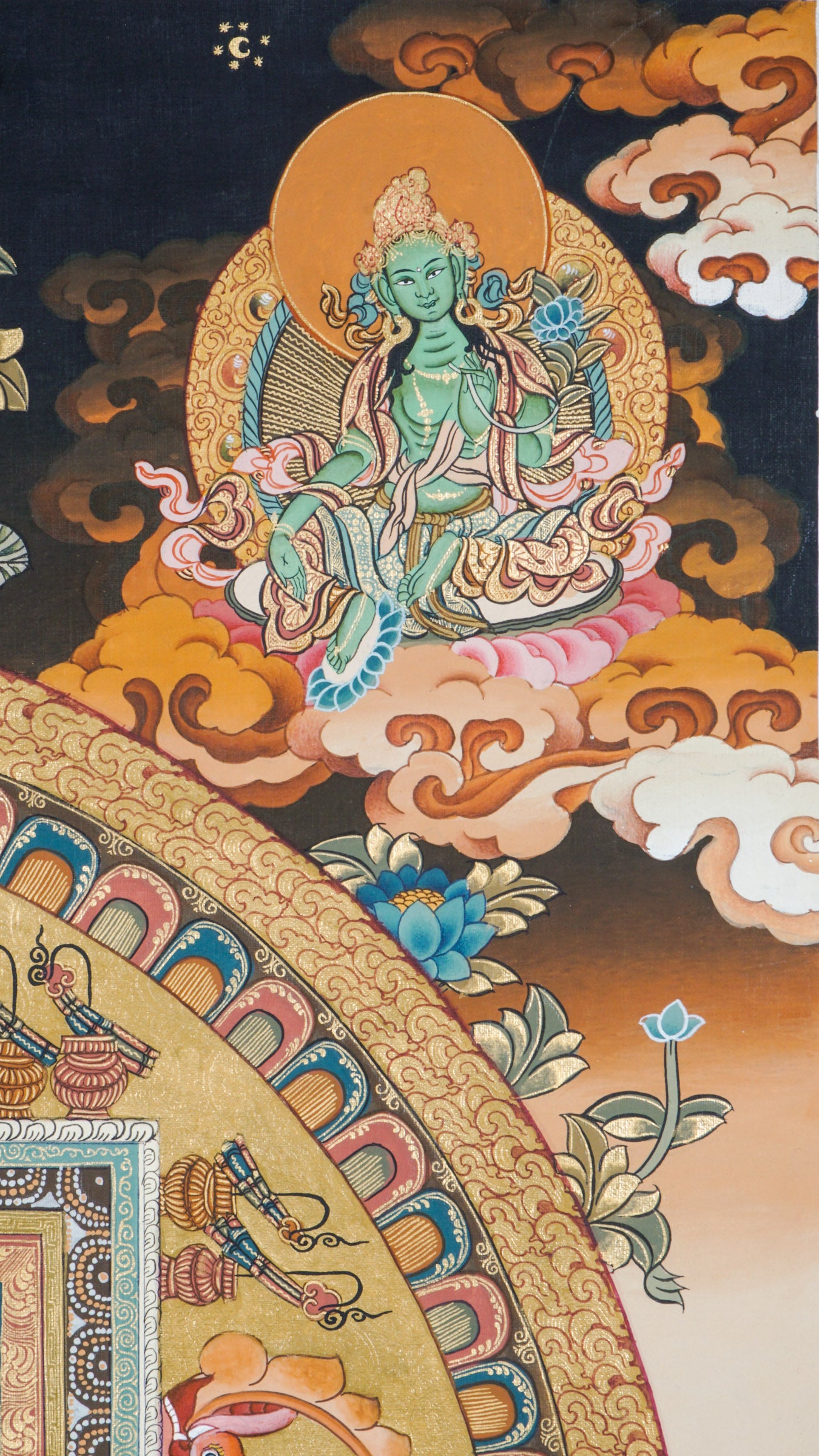 Tibetan Thangka painting of the Avalokiteshvara Mandala, showing the Buddha of Compassion at the center with symbolic imagery. Painted with mineral pigments on cotton, used for meditation and Buddhist practice.