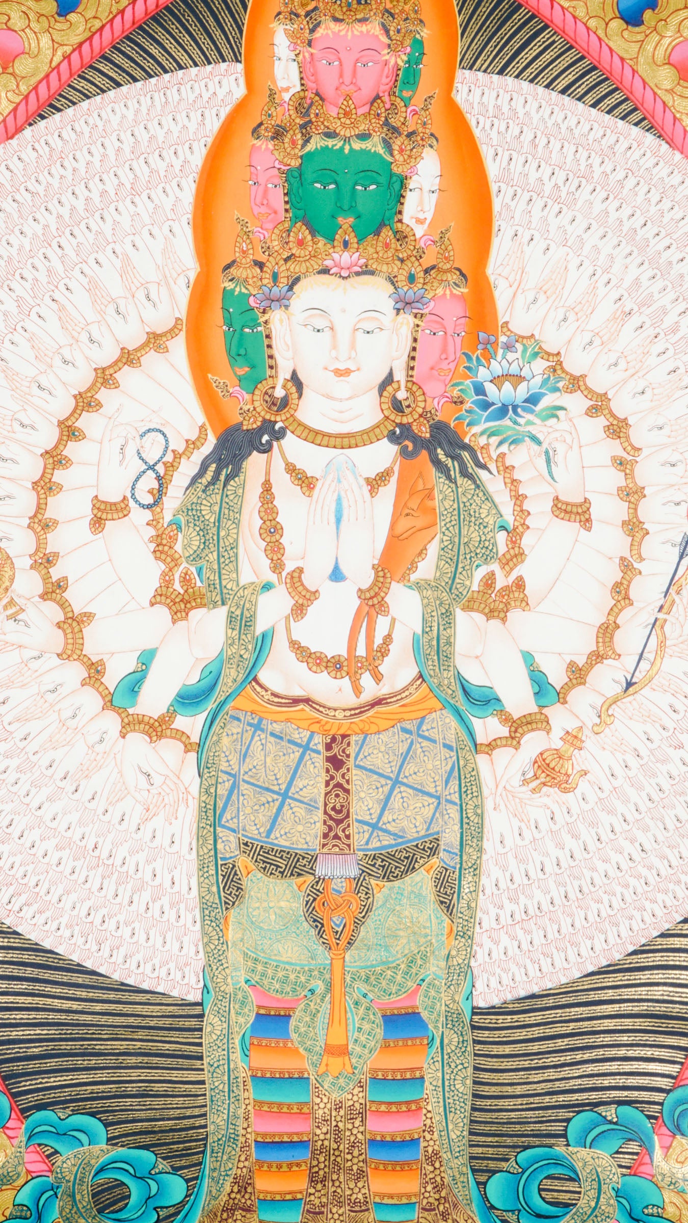 Authentic Tibetan Thangka of Avalokiteshvara (Chenrezig/Guanyin), the Bodhisattva of Compassion, hand-painted with natural pigments. This sacred Buddhist artwork features intricate details and vibrant colors, perfect for meditation, altars, or spiritual inspiration.