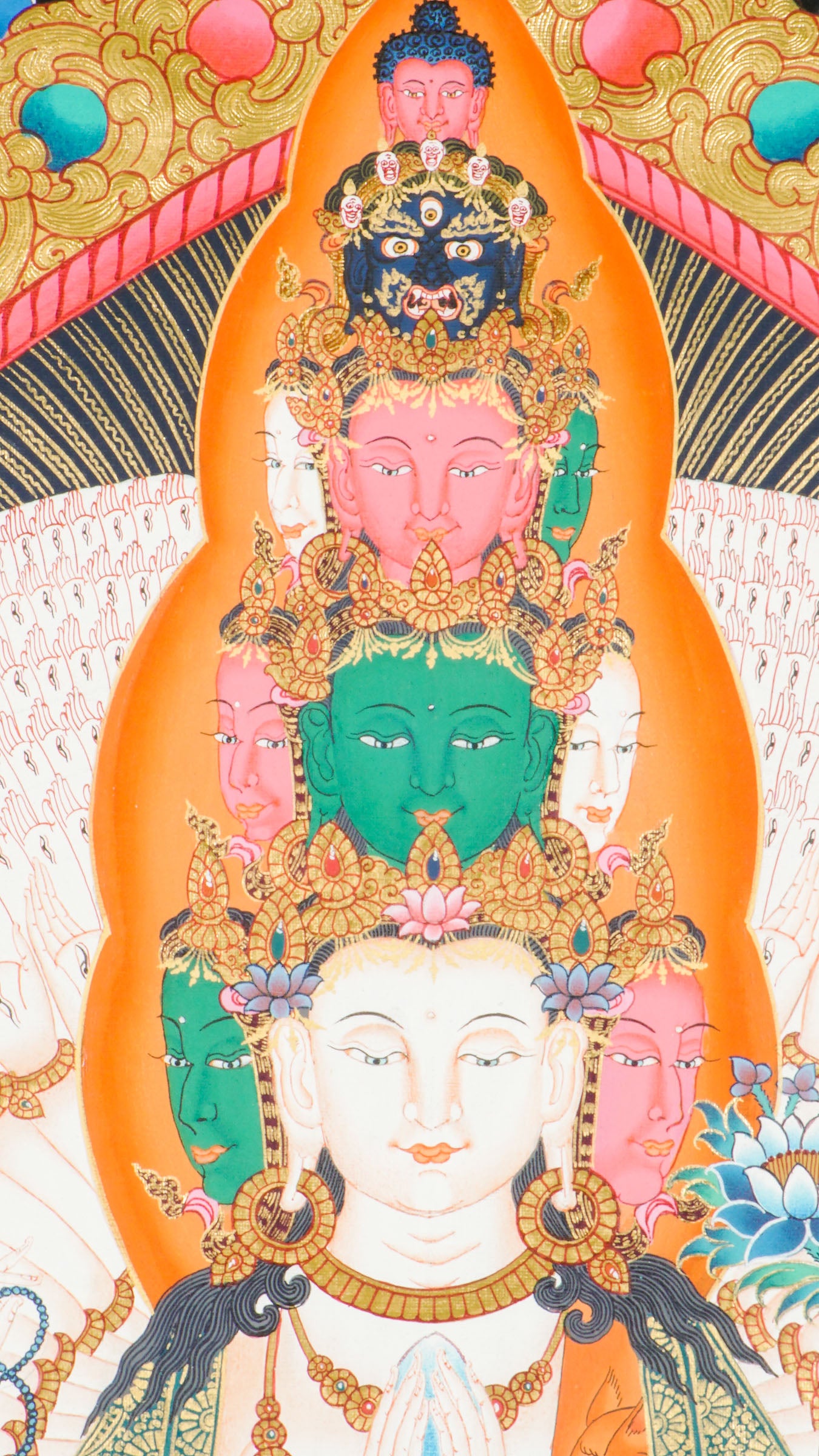 Authentic Tibetan Thangka of Avalokiteshvara (Chenrezig/Guanyin), the Bodhisattva of Compassion, hand-painted with natural pigments. This sacred Buddhist artwork features intricate details and vibrant colors, perfect for meditation, altars, or spiritual inspiration.