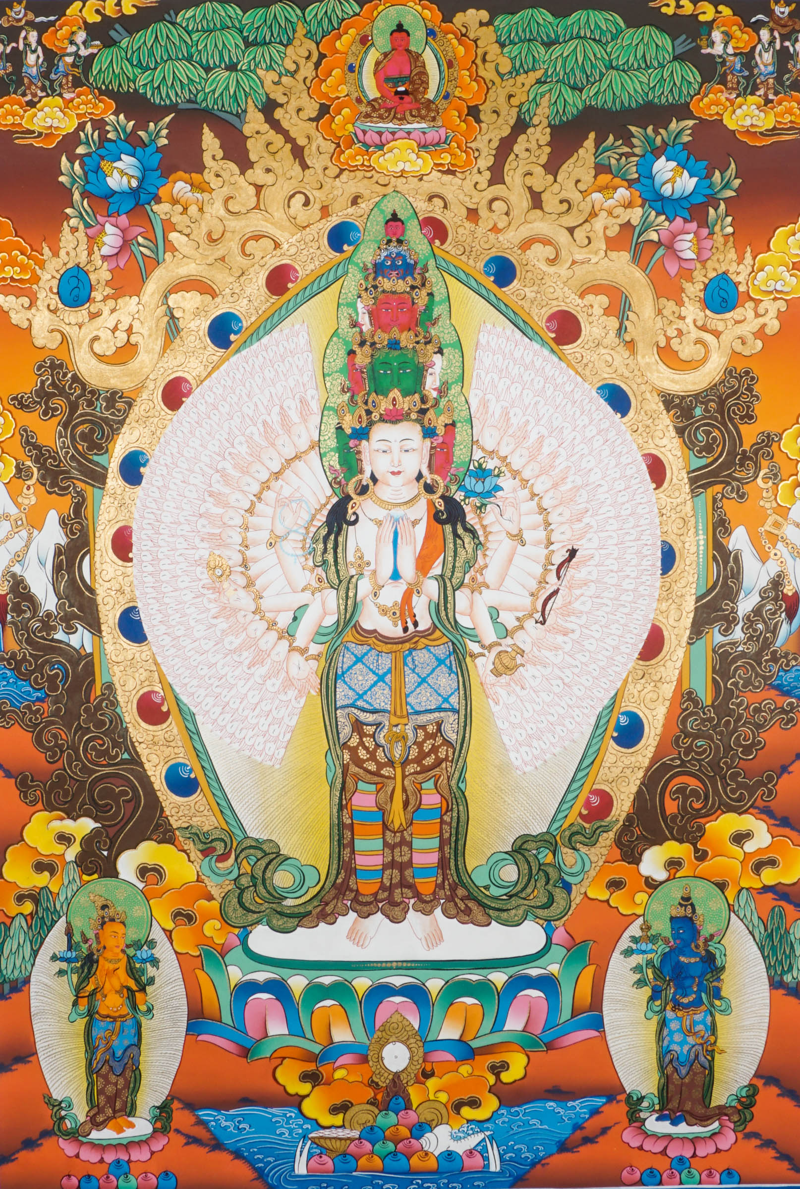 Avalokiteshvara thousand-armed Thangka piece exemplifies both exceptional artistry and rich spiritual meaning.
