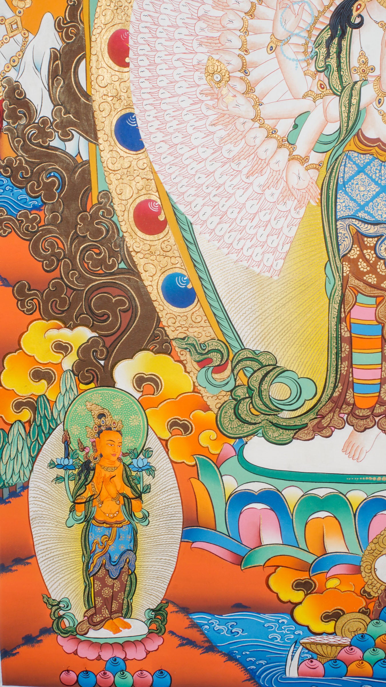 Avalokiteshvara thousand-armed Thangka piece exemplifies both exceptional artistry and rich spiritual meaning.