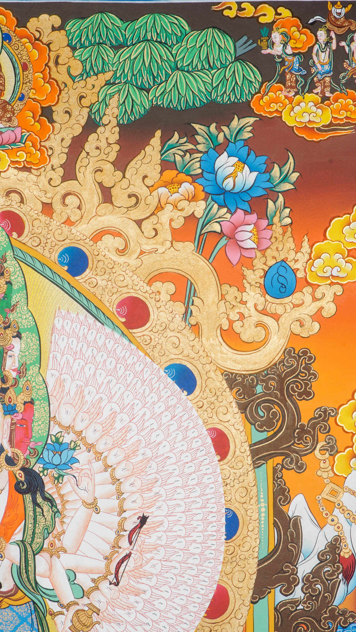 Avalokiteshvara thousand-armed Thangka piece exemplifies both exceptional artistry and rich spiritual meaning.