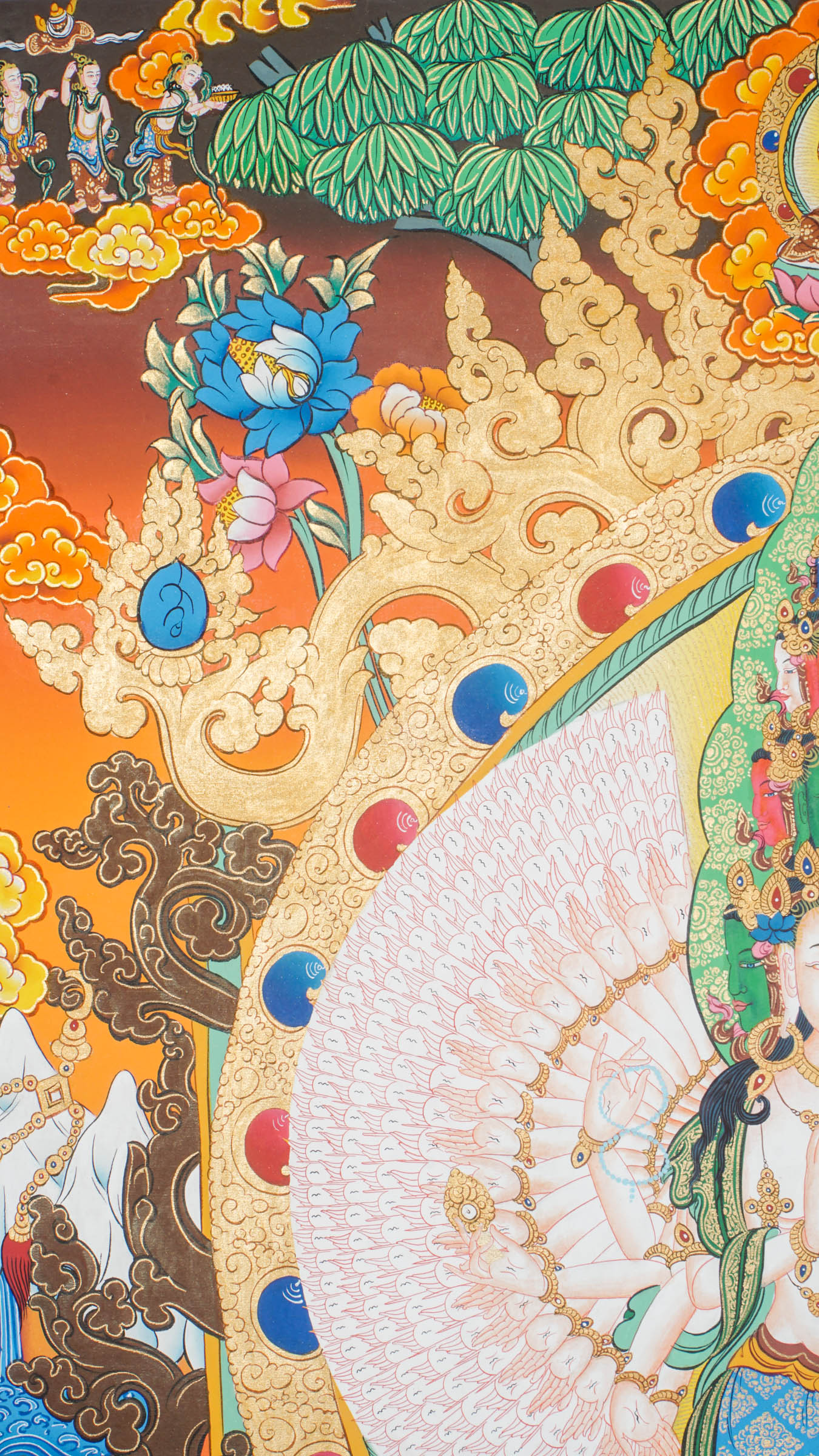 Avalokiteshvara thousand-armed Thangka piece exemplifies both exceptional artistry and rich spiritual meaning.