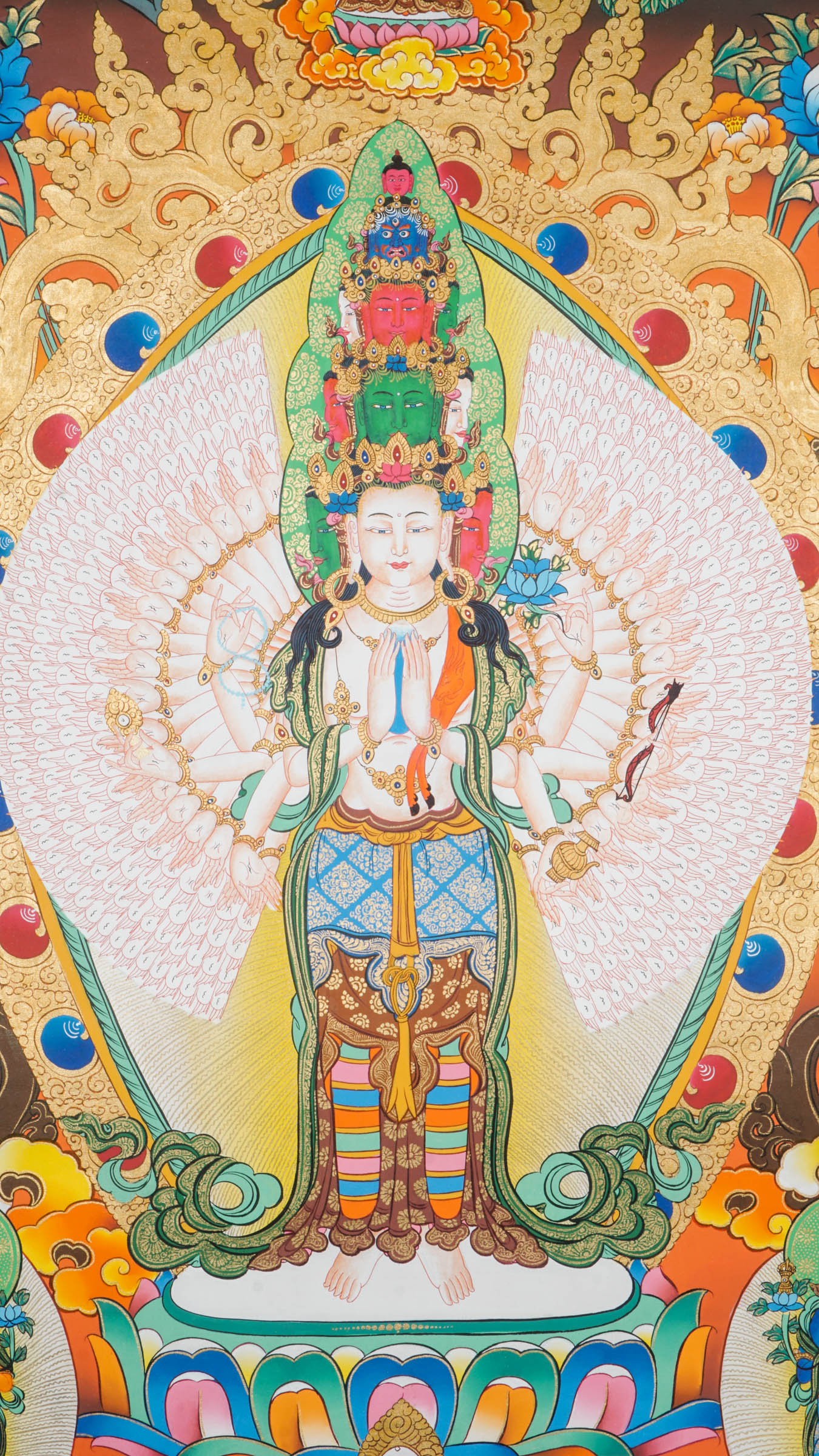 Avalokiteshvara thousand-armed Thangka piece exemplifies both exceptional artistry and rich spiritual meaning.