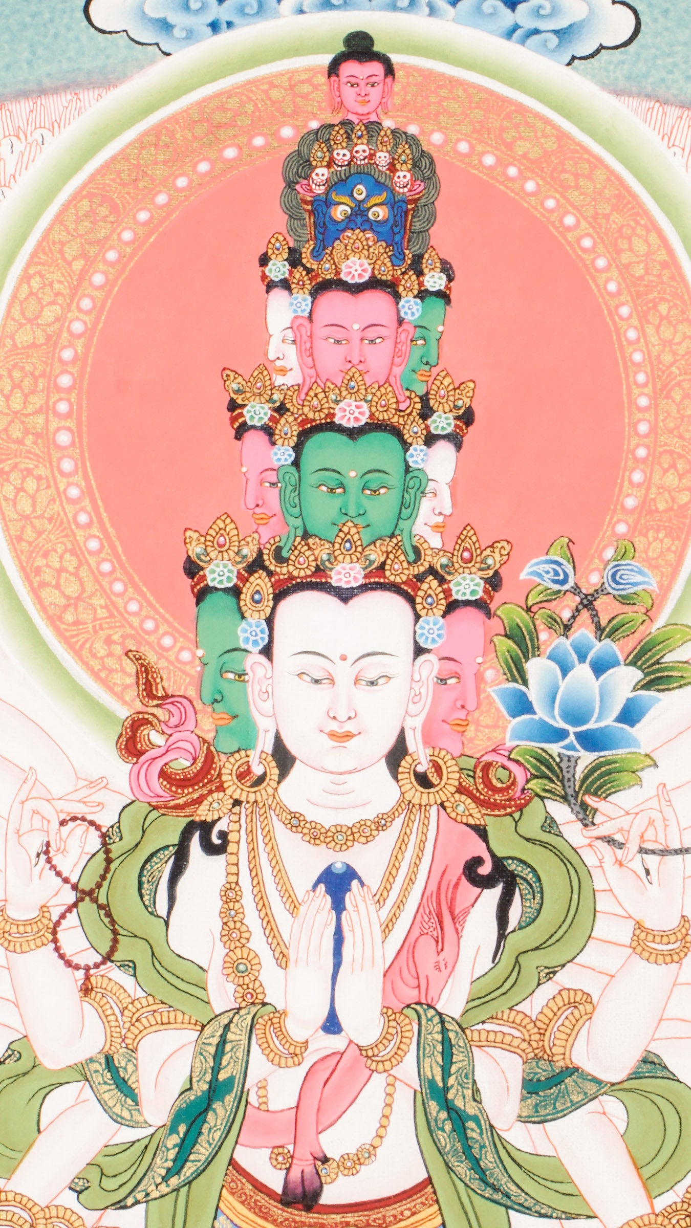 Experience the compassion of Avalokiteshwor, also known as Kannon, Gwaneum, or Quan Âm, the Bodhisattva of Mercy. This hand-painted Tibetan Buddhism thangka is ideal for home decor, radiating peace, love, and spiritual presence.