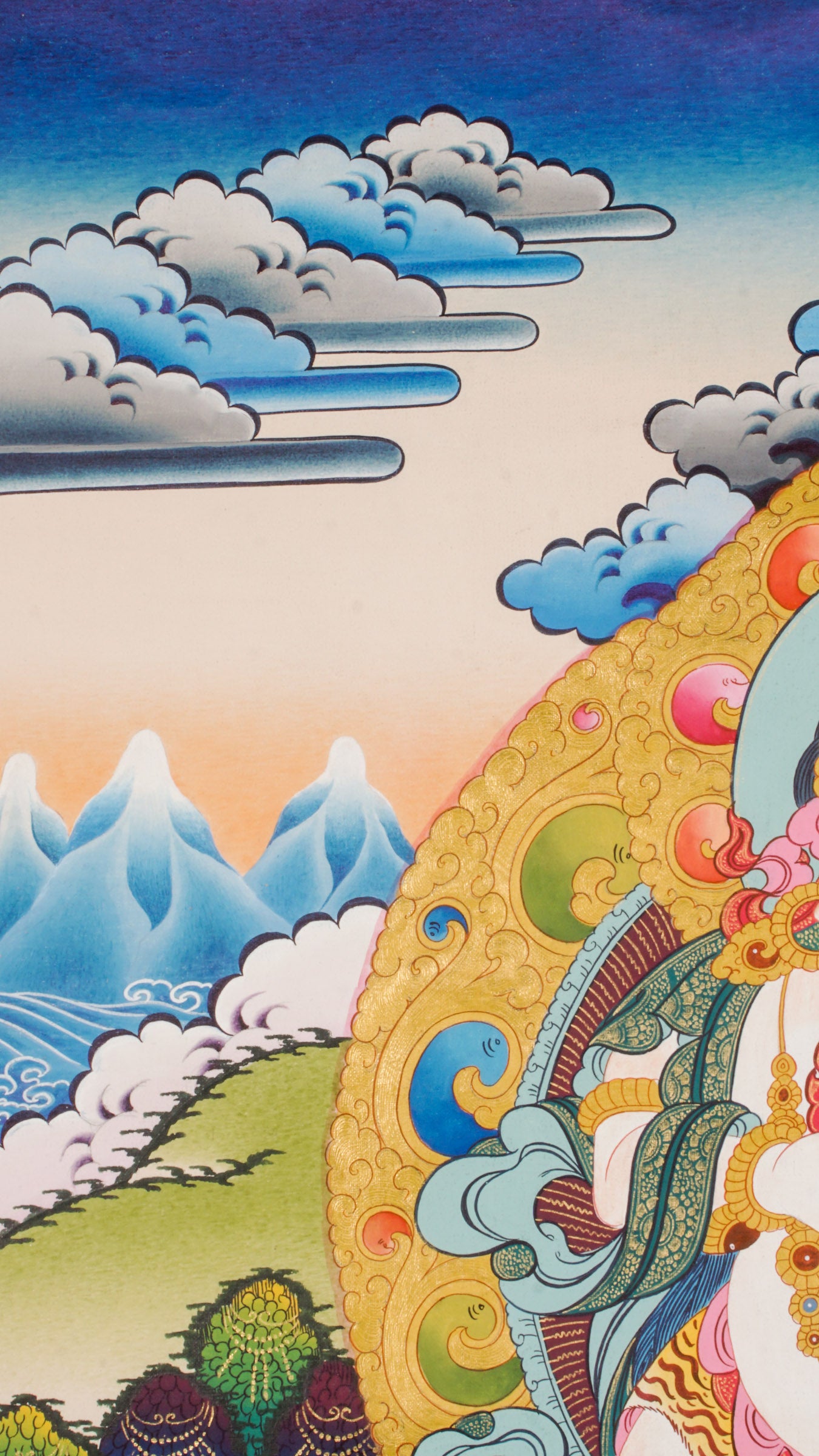 White Zambala Thangka is a genuine Tibetan Buddhist painting that represents purity, prosperity, and spiritual wealth. It features a jewel-spouting mongoose and a treasure vase to attract abundance and remove obstacles.